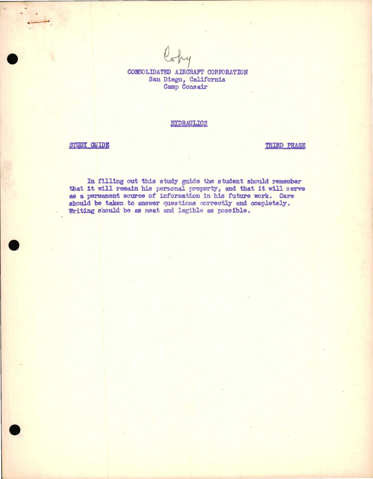 Sample page 1 from AirCorps Library document: Study Guide for Hydraulics, Consolidated Aircraft - Third Phase