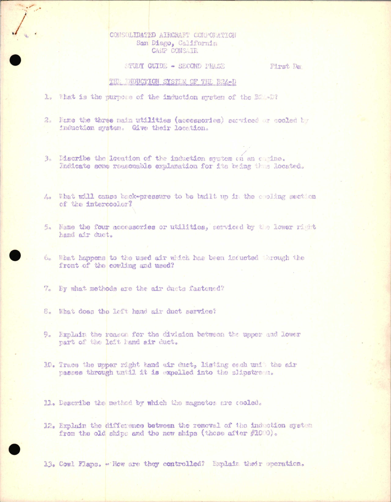 Sample page 1 from AirCorps Library document: Study Guide for Induction System of the B24-D Including Fuel and Oil - Consolidated Aircraft, First and Second Phase