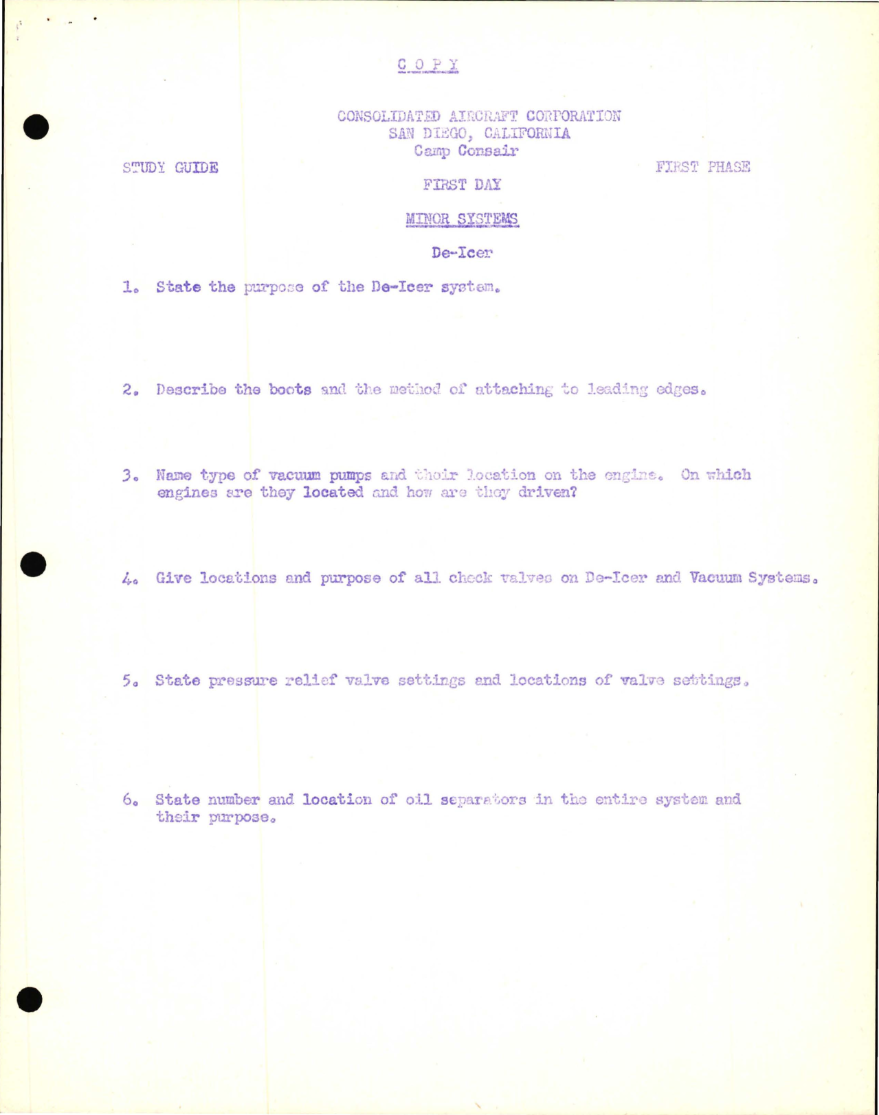 Sample page 1 from AirCorps Library document: Study Guide for Minor Systems - Consolidated Aircraft, First Phase