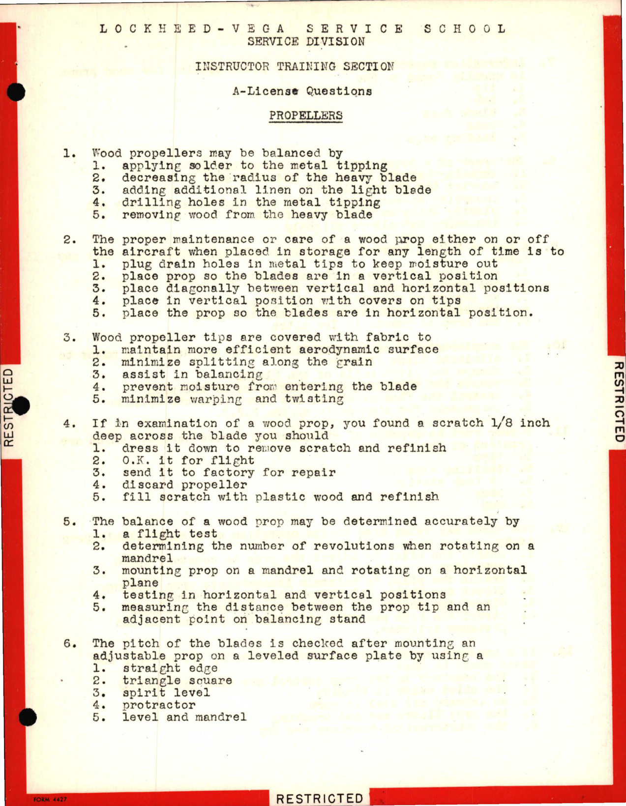 Sample page 1 from AirCorps Library document: Instructor Training Questions for Propellers - Lockheed-Vega Service School