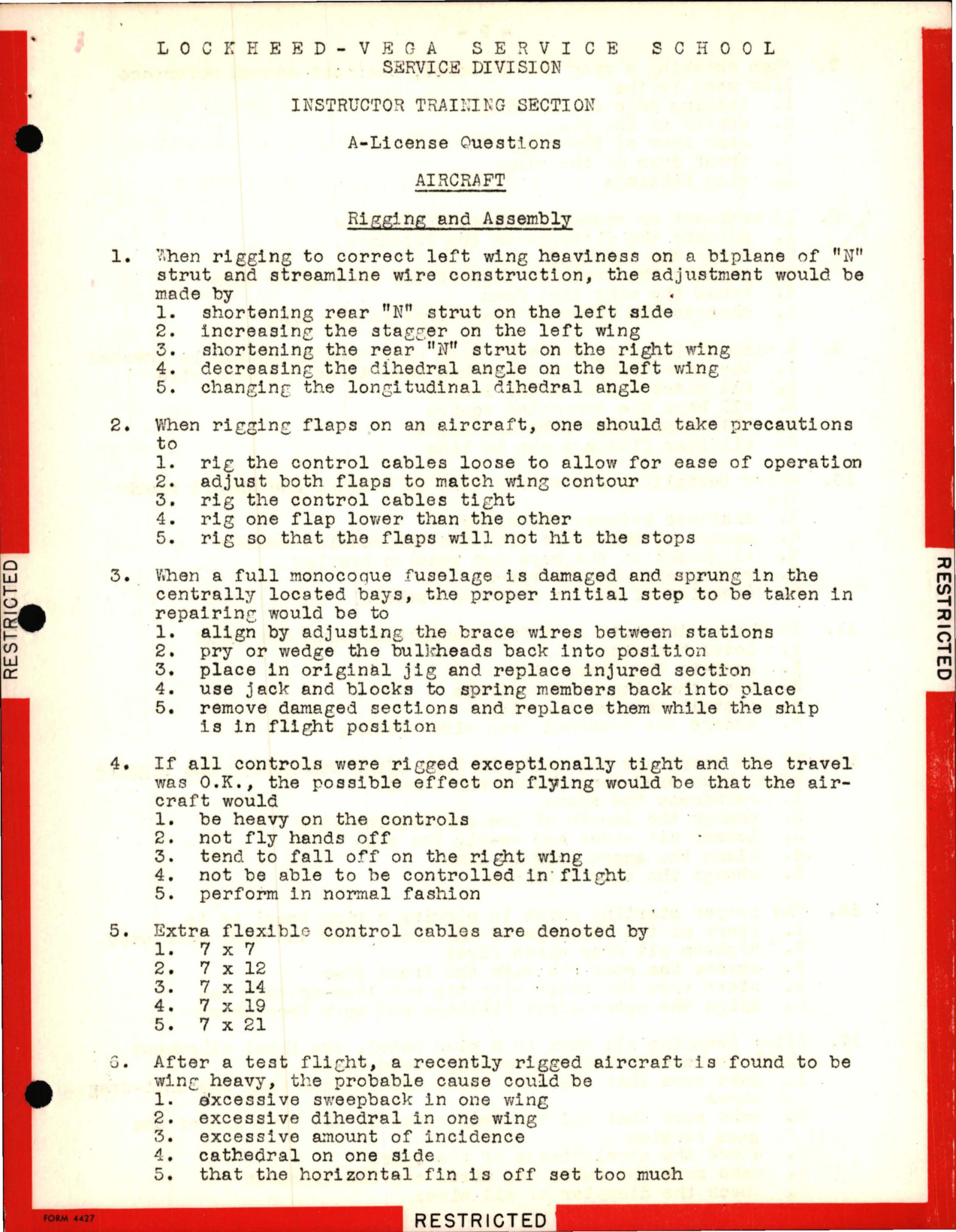 Sample page 1 from AirCorps Library document: Instructor Training Questions for Rigging and Assembly, Lockheed-Vega Service School