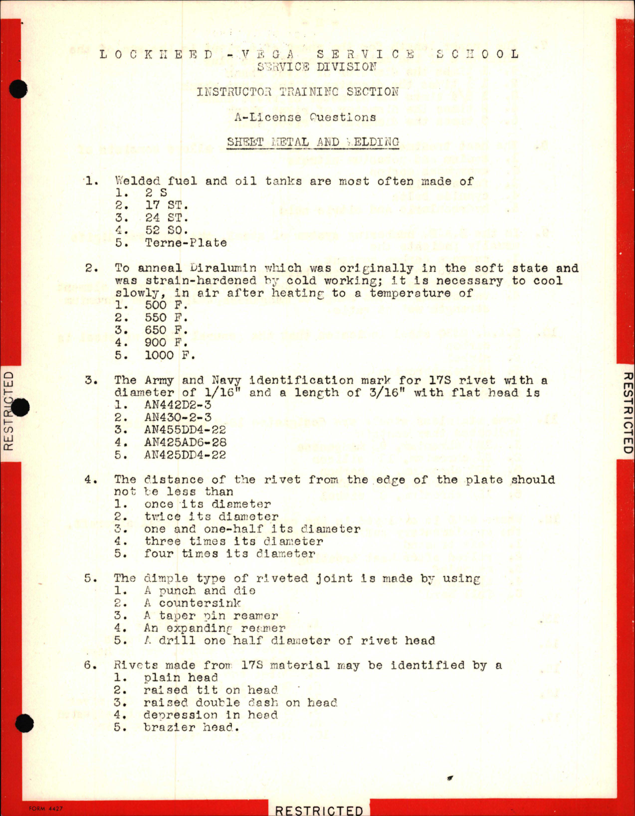 Sample page 1 from AirCorps Library document: Instructor Training Questions for Sheet Metal and Welding, Lockheed-Vega Service School