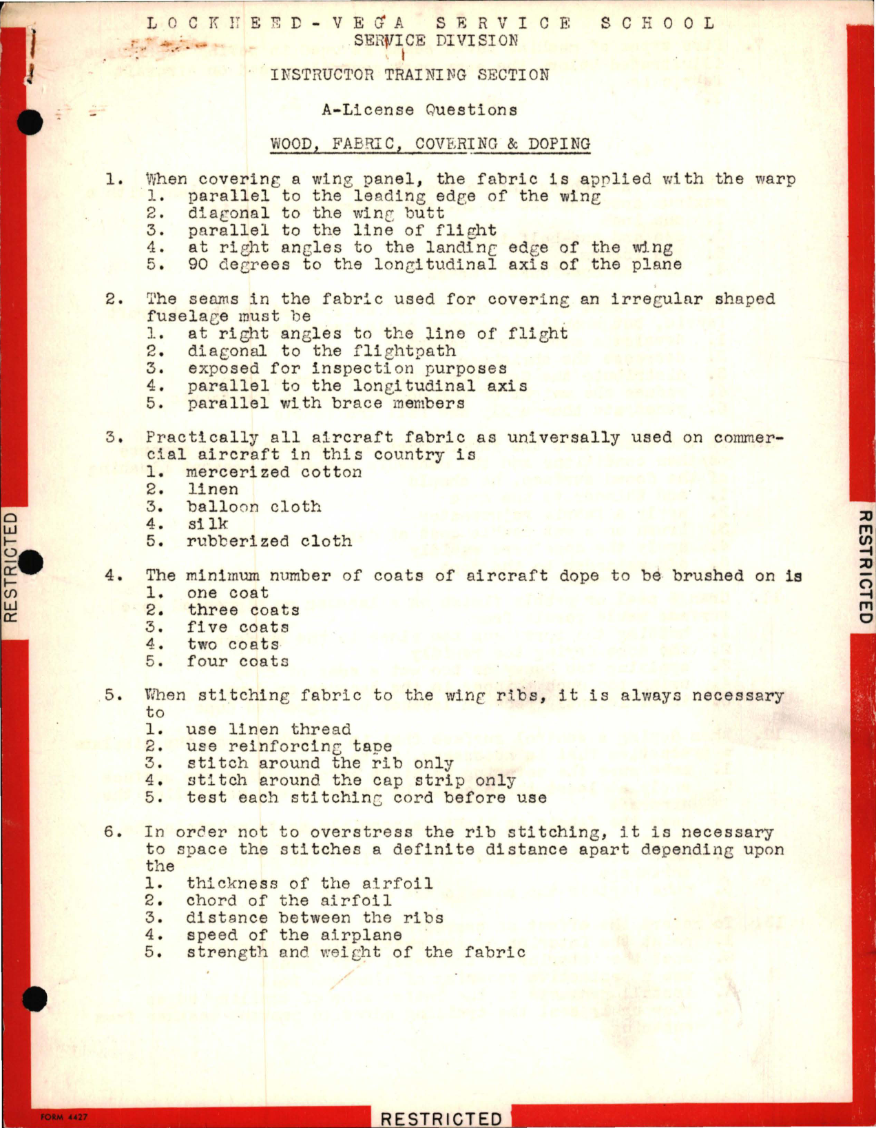 Sample page 1 from AirCorps Library document: Instructor Training Questions for Wood, Fabric, Covering and Doping - Lockheed-Vega Service School