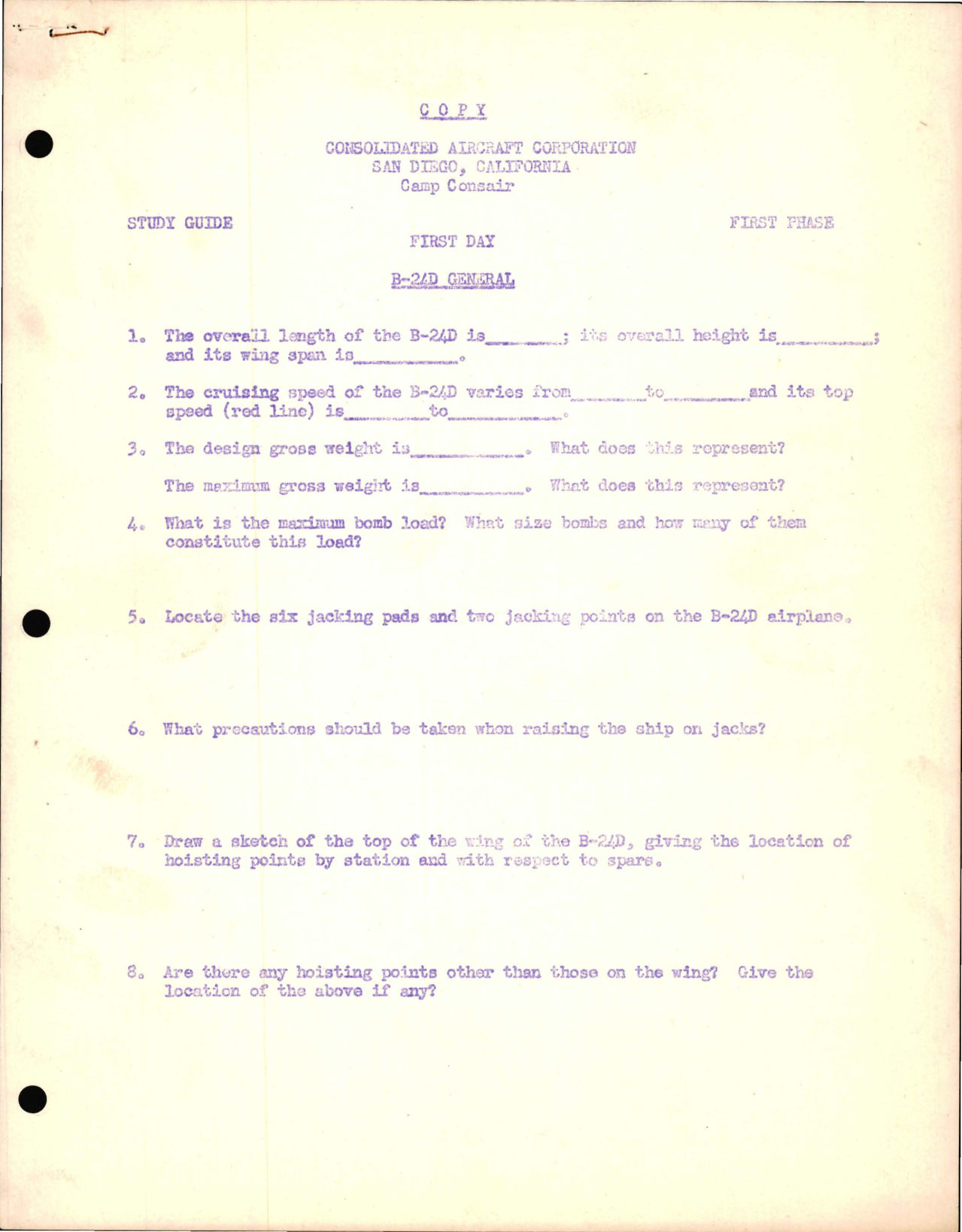 Sample page 1 from AirCorps Library document: Study Guide for B-24D and Cockpits and Cabins for Consolidated Aircraft, First Phase