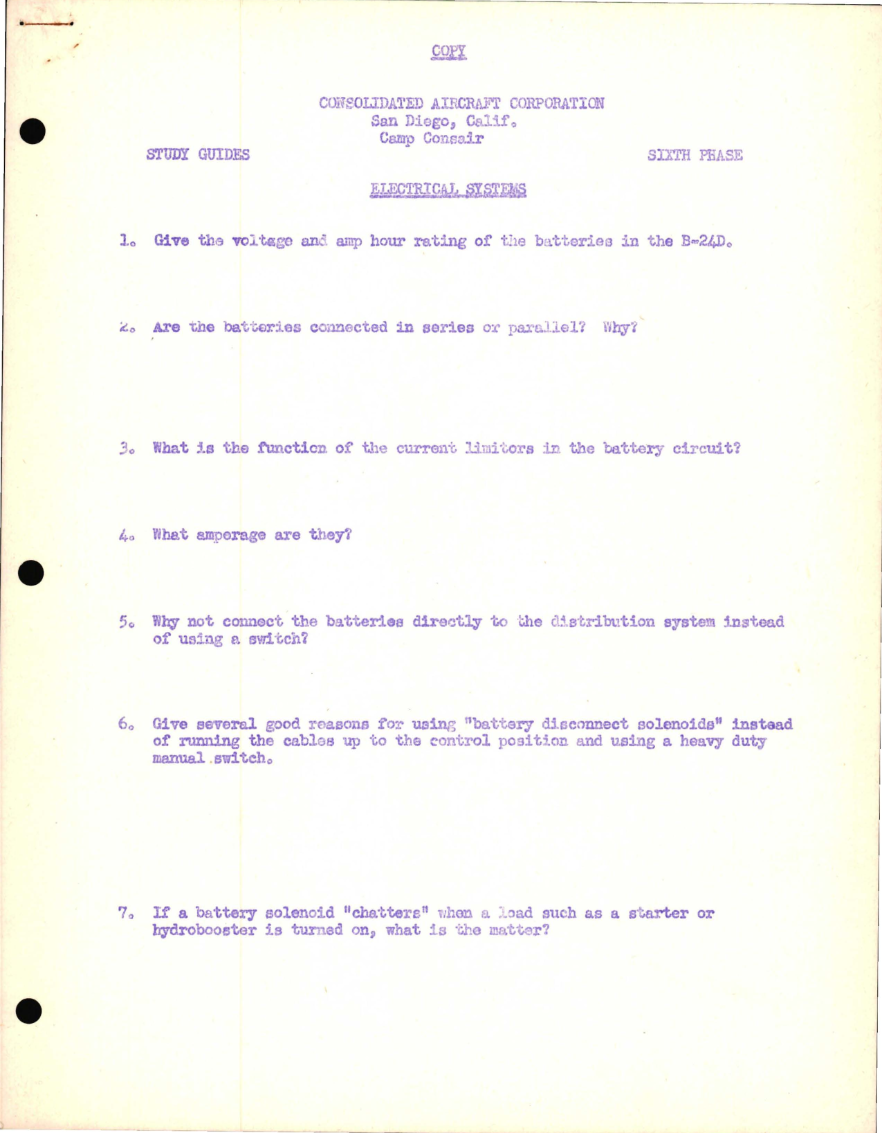 Sample page 1 from AirCorps Library document: Study Guide for Electrical Systems - Consolidated Aircraft, Sixth Phase