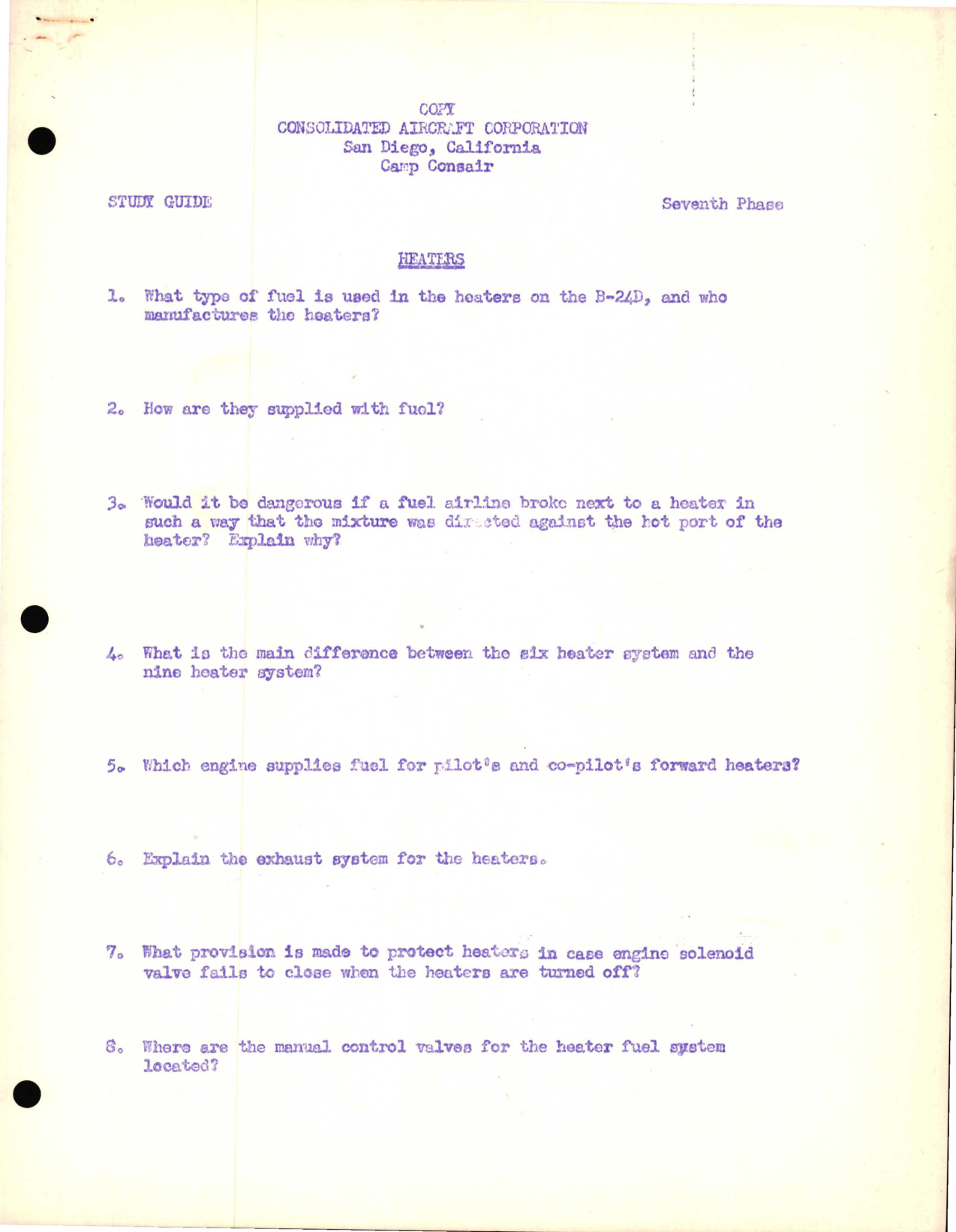 Sample page 1 from AirCorps Library document: Study Guide for Heaters, Consolidated Aircraft - Seventh Phase