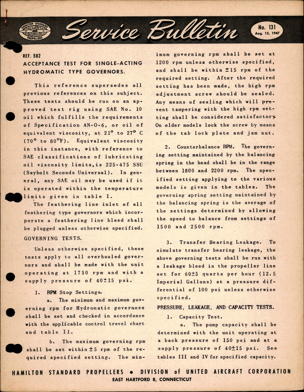 Sample page 1 from AirCorps Library document: Acceptance Test for Single-Acting Hydromatic Type Governors, Ref 582