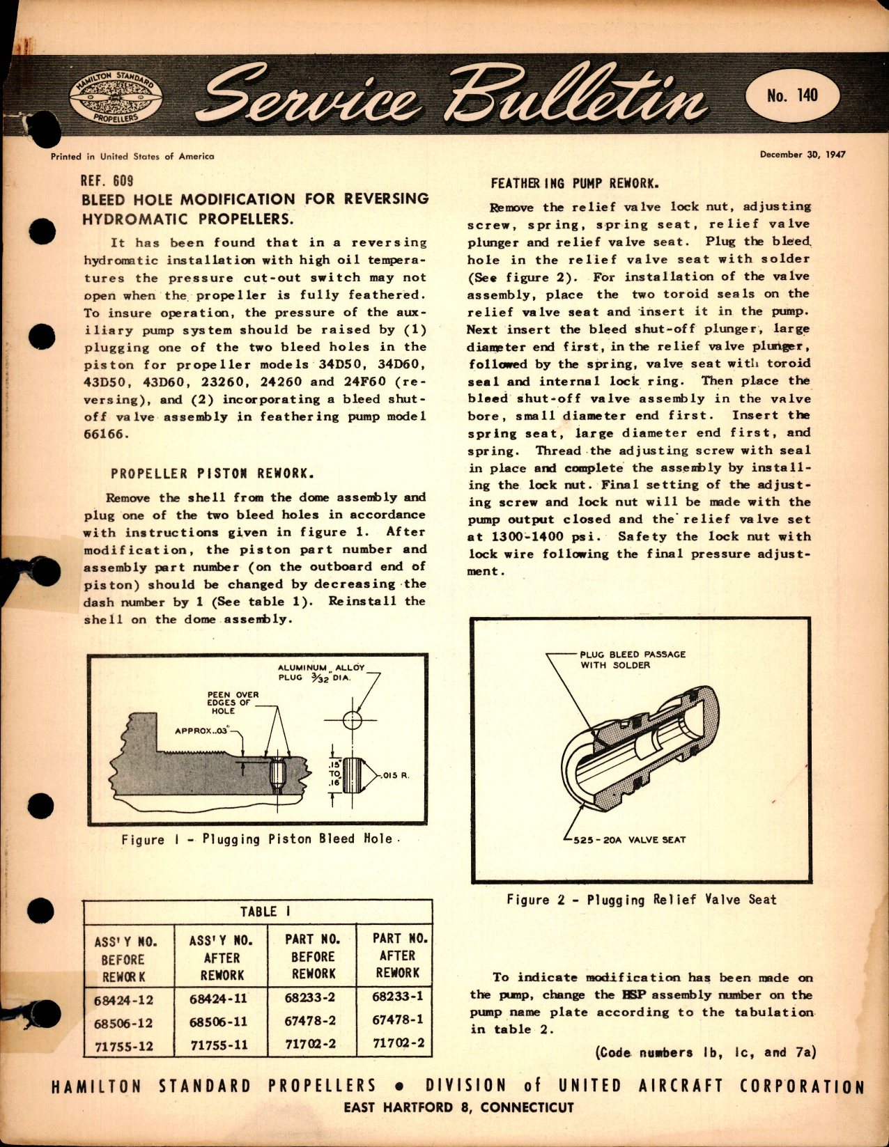 Sample page 1 from AirCorps Library document: Bleed Hole Modification for Reversing Hydromatic Propellers, Ref 609