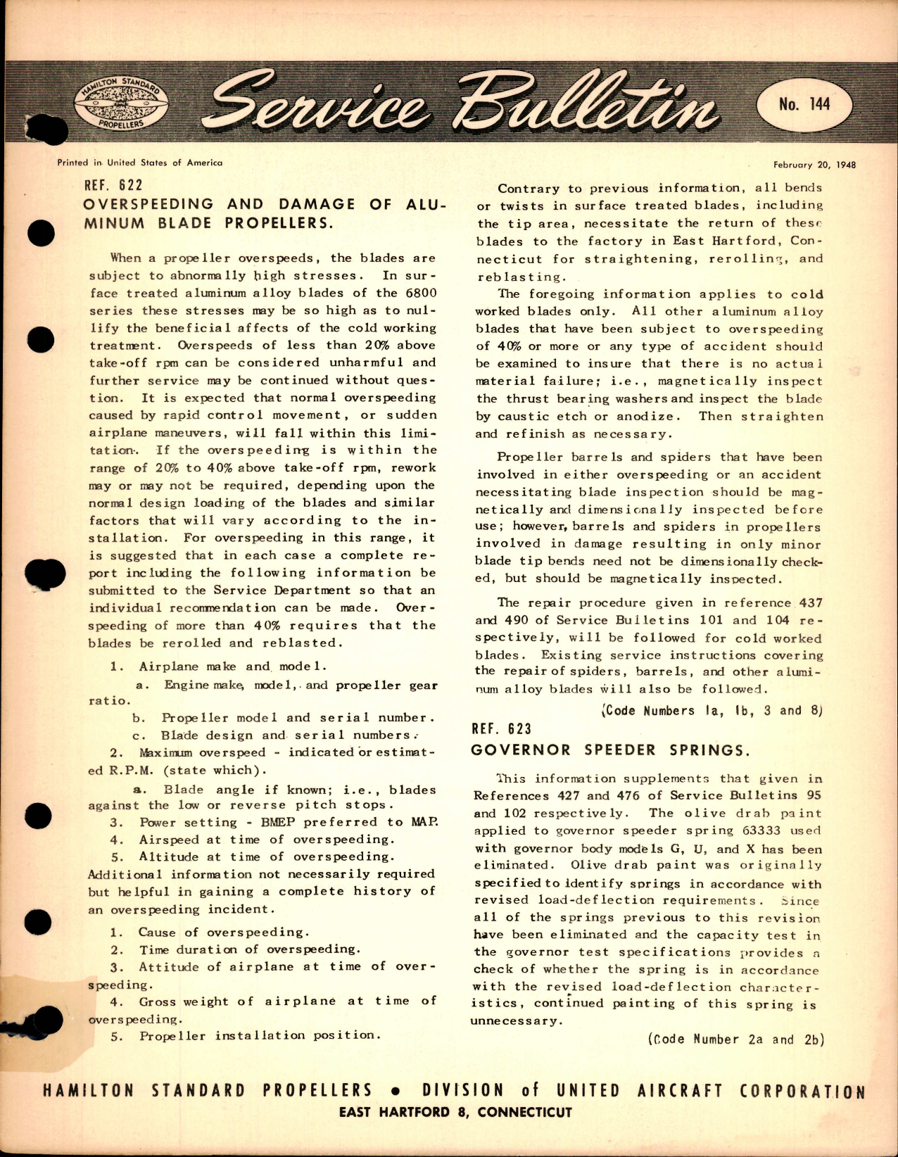 Sample page 1 from AirCorps Library document: Overspeeding and Damage of Aluminum Blade Propellers, Ref 622