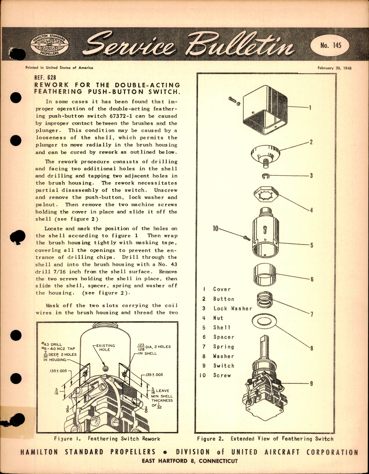 Sample page 1 from AirCorps Library document: Rework for the Double-Acting Feathering Push-Button Switch, Ref 628