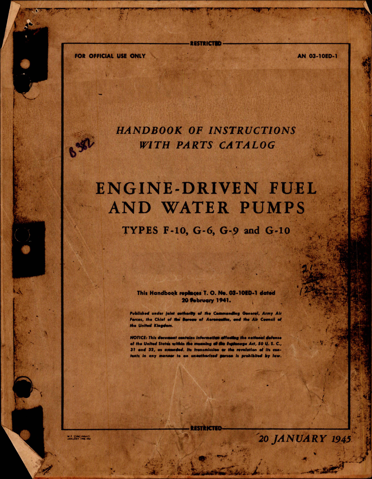 Sample page 1 from AirCorps Library document: Instructions with Parts for Engine-Driven Fuel and Water Pumps - Types F-10, G-6, G-9 and G-10 