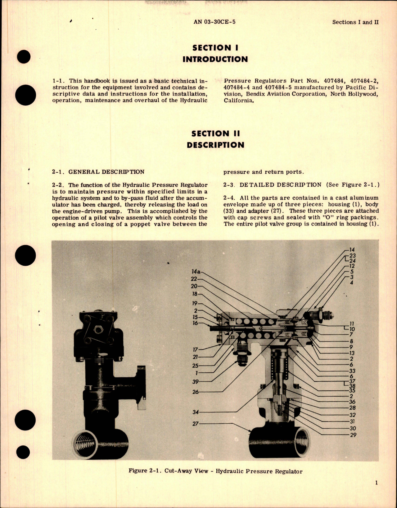 Sample page 5 from AirCorps Library document: Operation, Service, and Overhaul Instructions with Parts for Hydraulic Pressure Regulator - Part 407484 Series