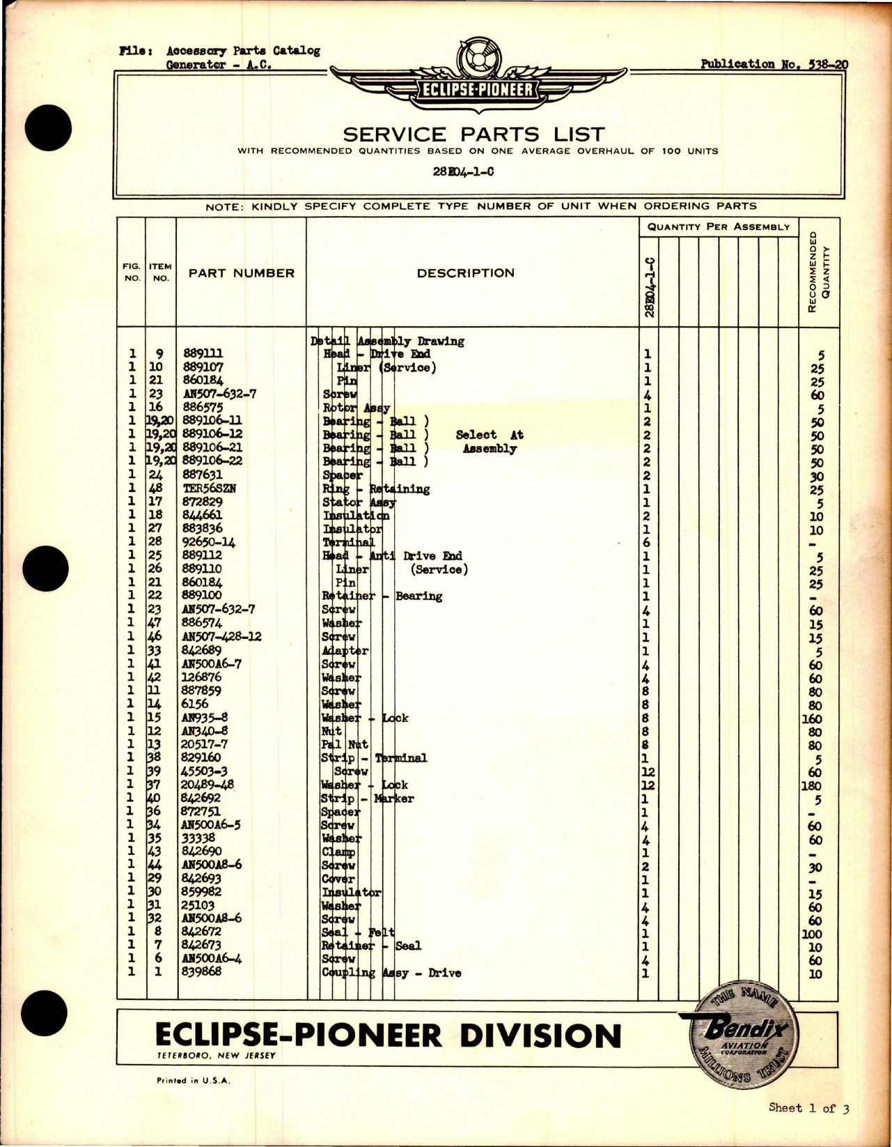 Sample page 1 from AirCorps Library document: Parts List for A.C. Generator - Part 28E04-1-C 