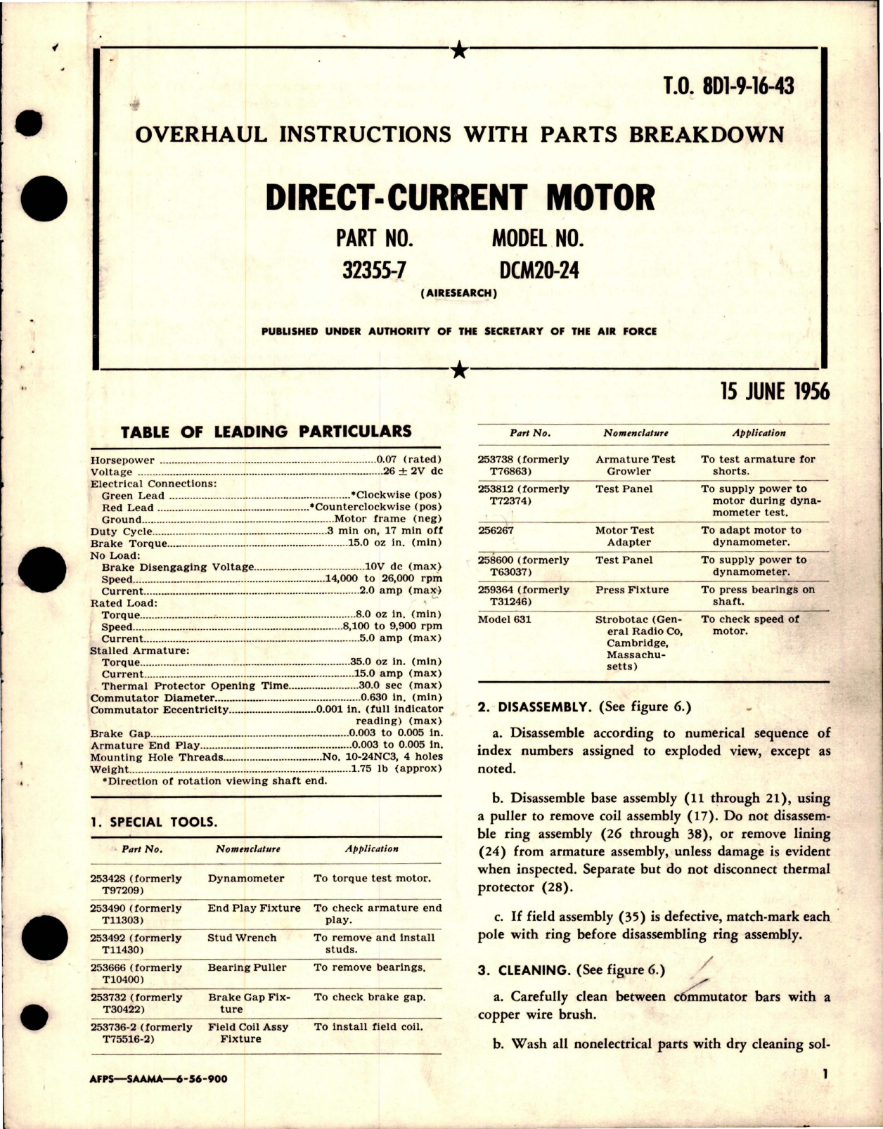 Sample page 1 from AirCorps Library document: Overhaul Instructions w Parts for Direct-Current Motor - Part 32355-7 - Model DCM20-24 