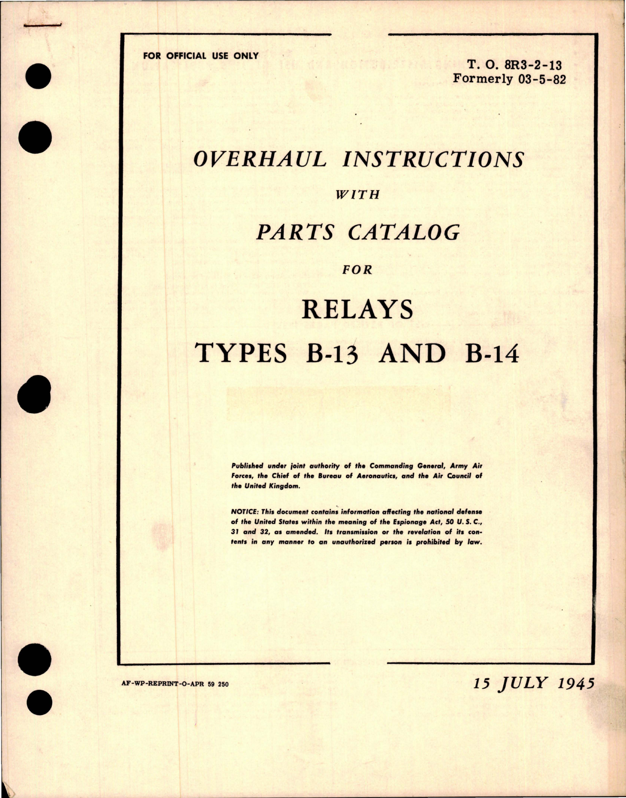 Sample page 1 from AirCorps Library document: Overhaul Instructions with Parts for Relays - Types B-13 and B-14 