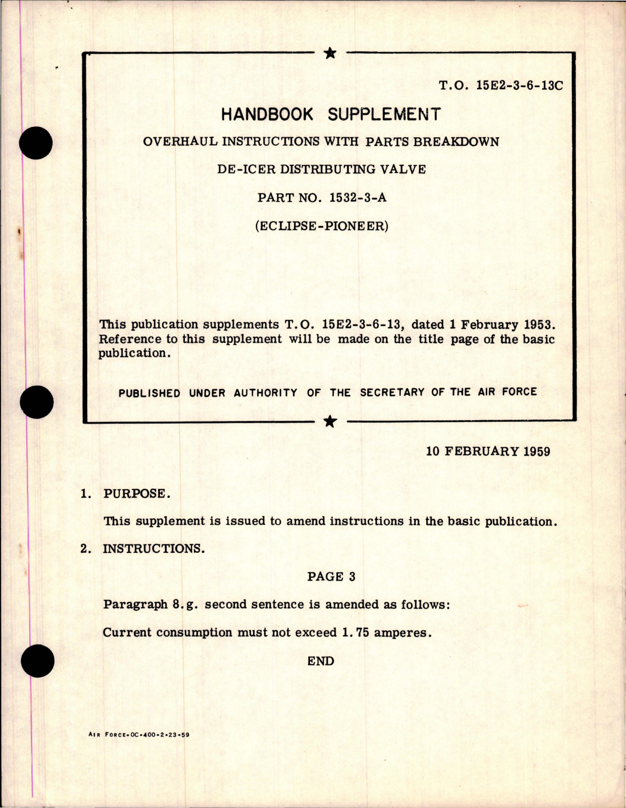 Sample page 1 from AirCorps Library document: Supplement to Overhaul Instructions with Parts for De-Icer Distributing Valve - Part 1532-3-A