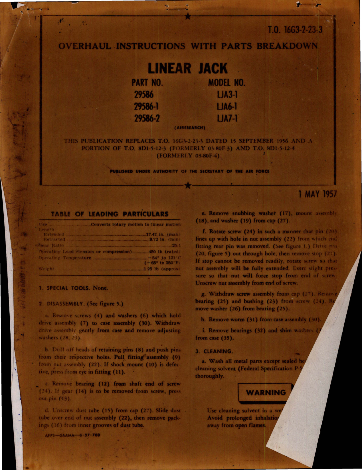 Sample page 1 from AirCorps Library document: Overhaul Instructions with Parts for Linear Jack Parts 29586, 29586-1 and 29586-2 