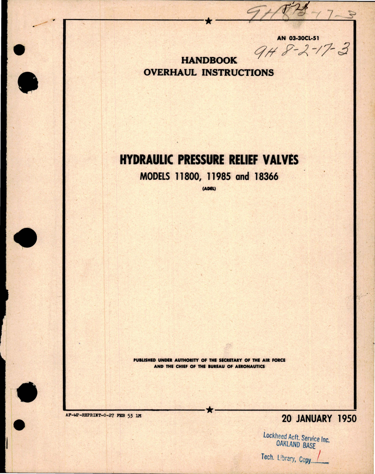 Sample page 1 from AirCorps Library document: Overhaul Instructions for Hydraulic Pressure Relief Valves - Models 11800, 11985 and 18366