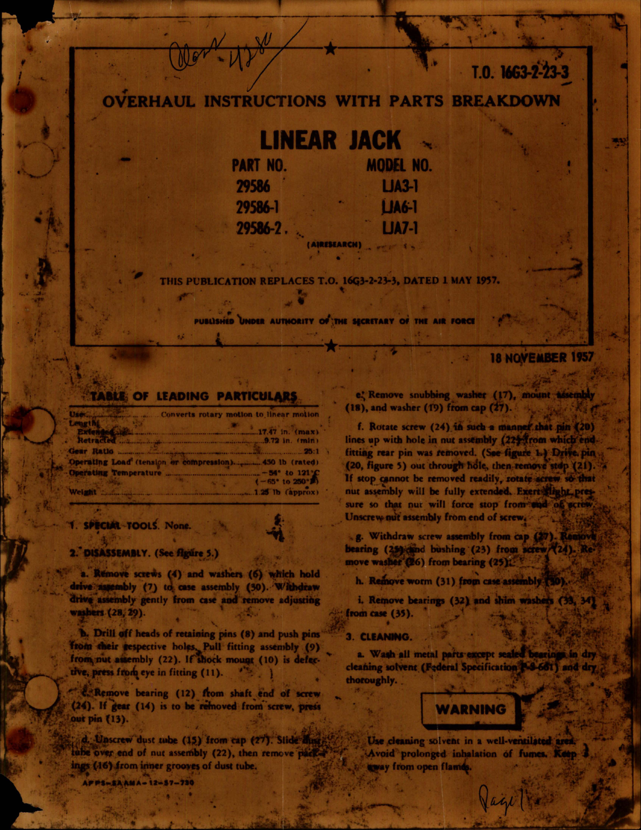 Sample page 1 from AirCorps Library document: Overhaul Instructions with Parts for Linear Jack - Parts 29586, 29586-1 and 29586-2 