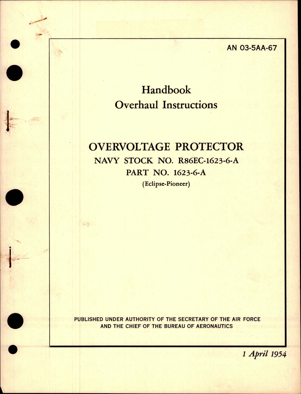 Sample page 1 from AirCorps Library document: Overhaul Instructions for Overvoltage Protector - Navy Stock R86EC-1623-6-A, Part 1623-6-A 
