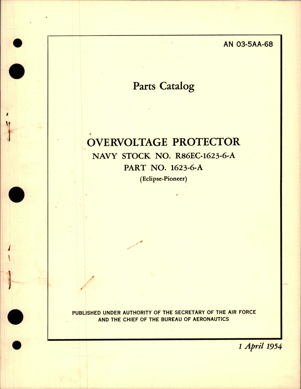 Sample page 1 from AirCorps Library document: Parts Catalog for Overvoltage Protector - Stock R86EC-1623-6-A - Parts 1623-6-A