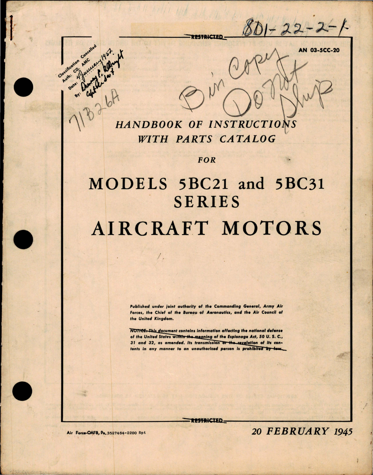 Sample page 1 from AirCorps Library document: Parts Catalog for Aircraft Motors - Models 5BC21 and 5BC31 Series