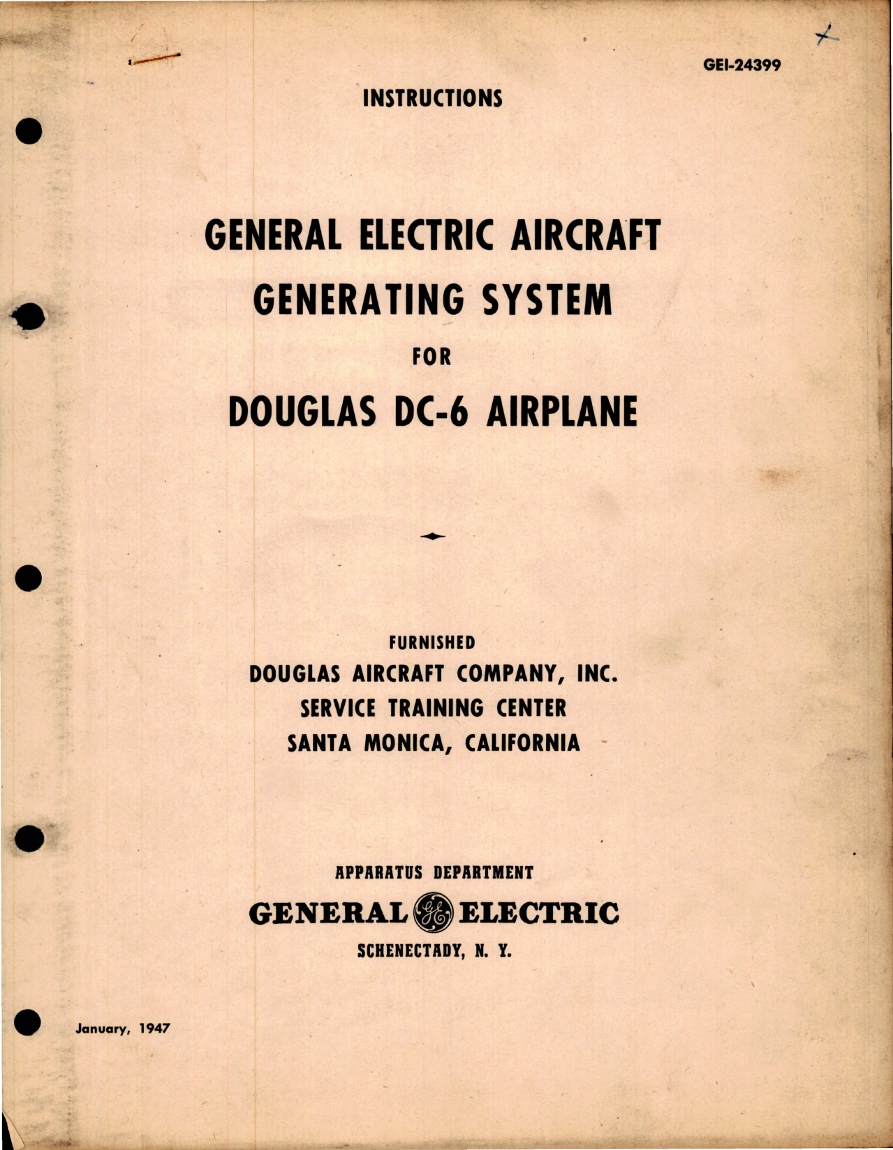 Sample page 1 from AirCorps Library document: Instructions for General Electric Generating System for Douglas DC-6 