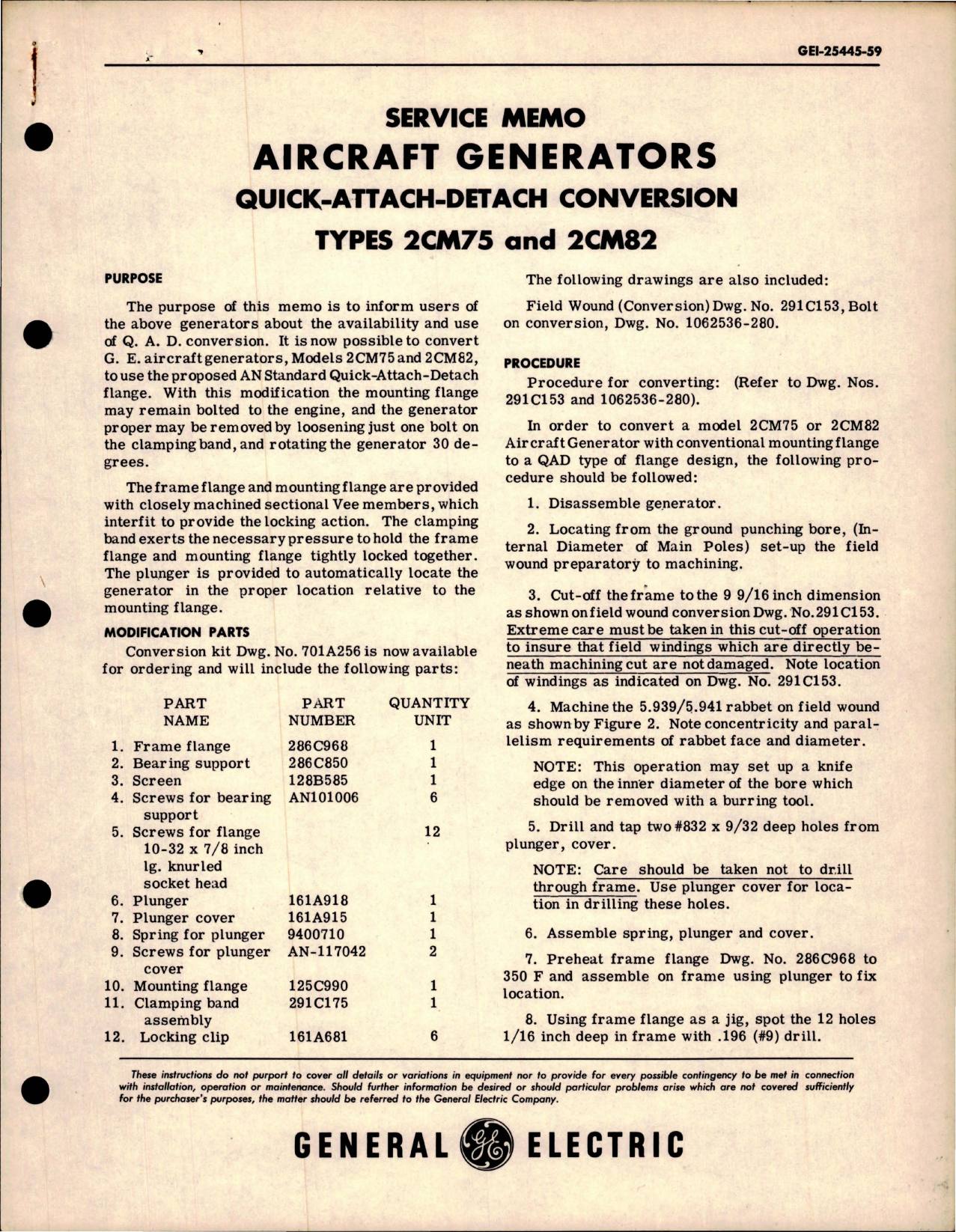 Sample page 1 from AirCorps Library document: Service Memo for Aircraft Generators Quick-Attach-Setach Conversion - Type 2CM75 and 2CM82