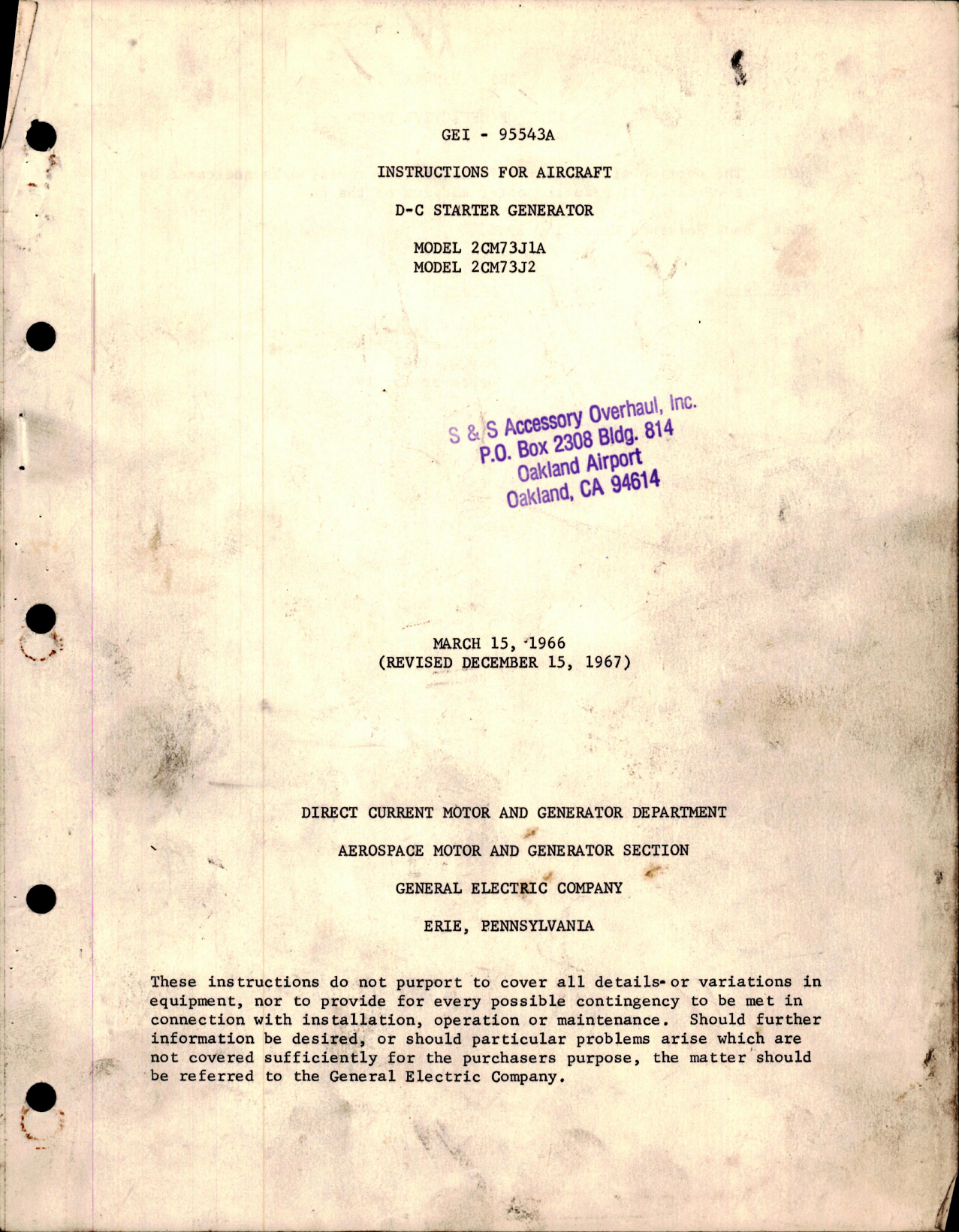 Sample page 1 from AirCorps Library document: Instructions for Aircraft D-C Starter Generator - Model 2CM73J1A and 2CM73J2 