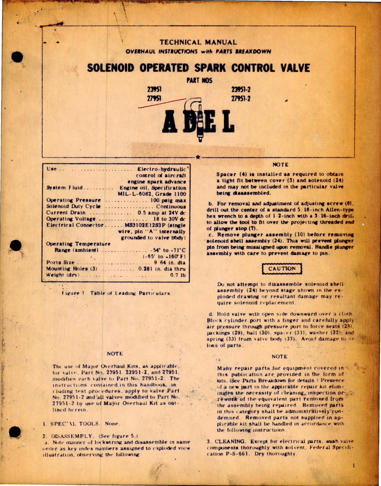Sample page 1 from AirCorps Library document: Overhaul Instructions with Parts for Solenoid Operated Spark Control Valve - Parts 23951, 27951, 23951-2, and 27951-2