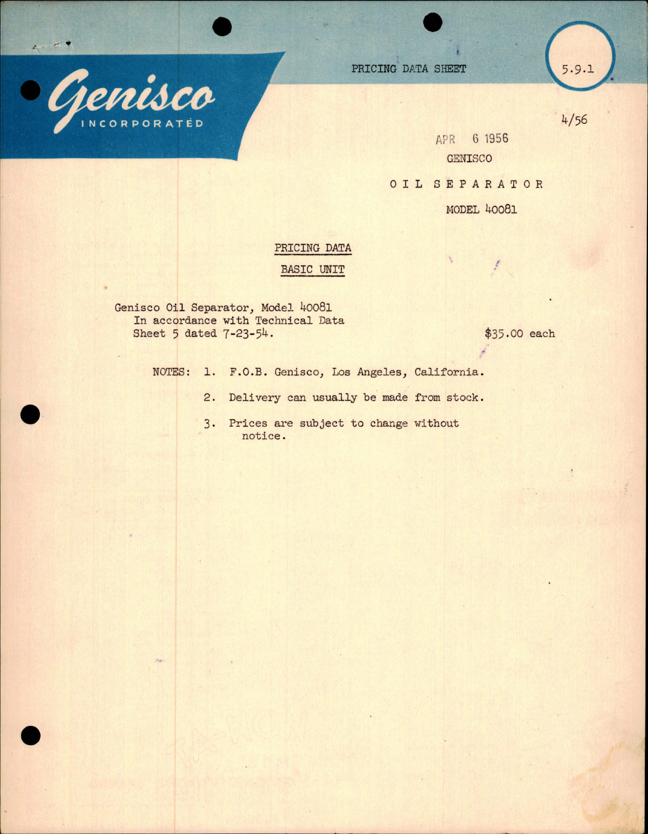 Sample page 1 from AirCorps Library document: Pricing Data Sheet for Oil Separator - Model 40081 