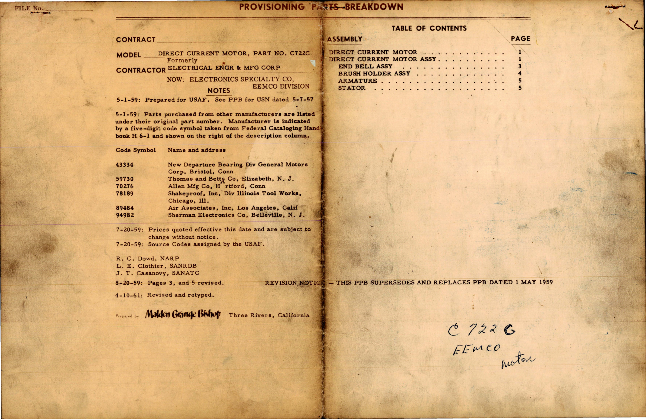 Sample page 1 from AirCorps Library document: Provisioning Parts Breakdown for D-C Motor - Part C722C 