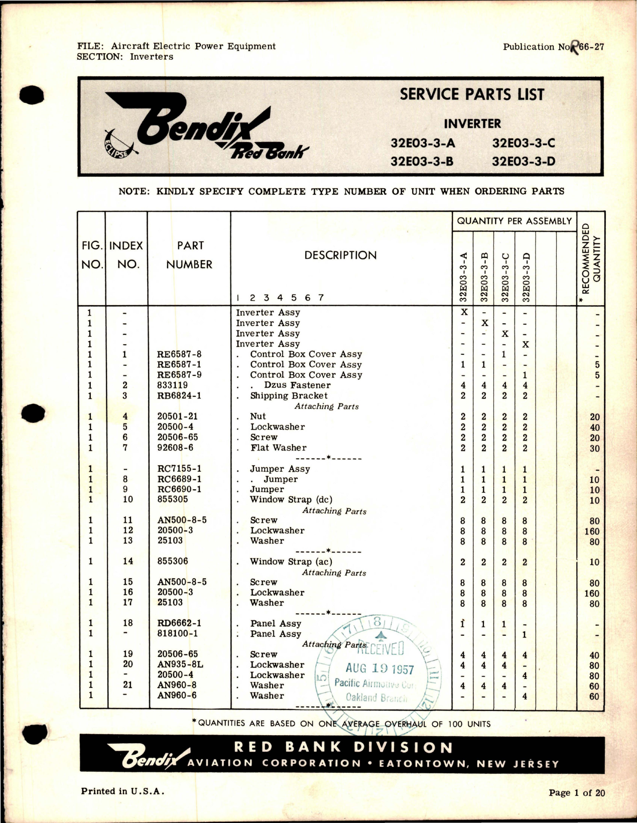 Sample page 1 from AirCorps Library document: Parts List for Inverter - Parts 32E03-3-A, 32E03-3-B, 32E03-3-C, and 32E03-3-D 