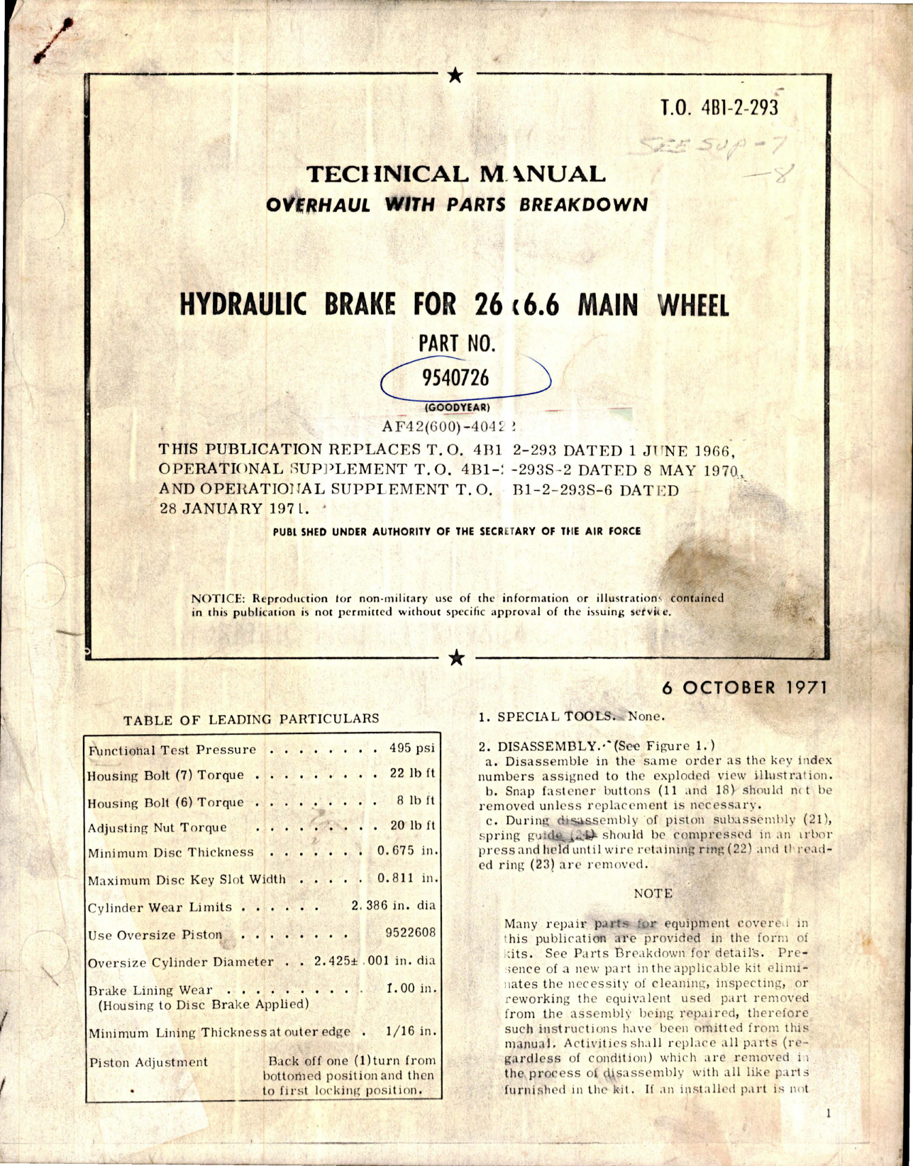 Sample page 1 from AirCorps Library document: Overhaul with Parts for Hydraulic Brake for 26 x 6.6 Mail Wheel - Part 9540726 