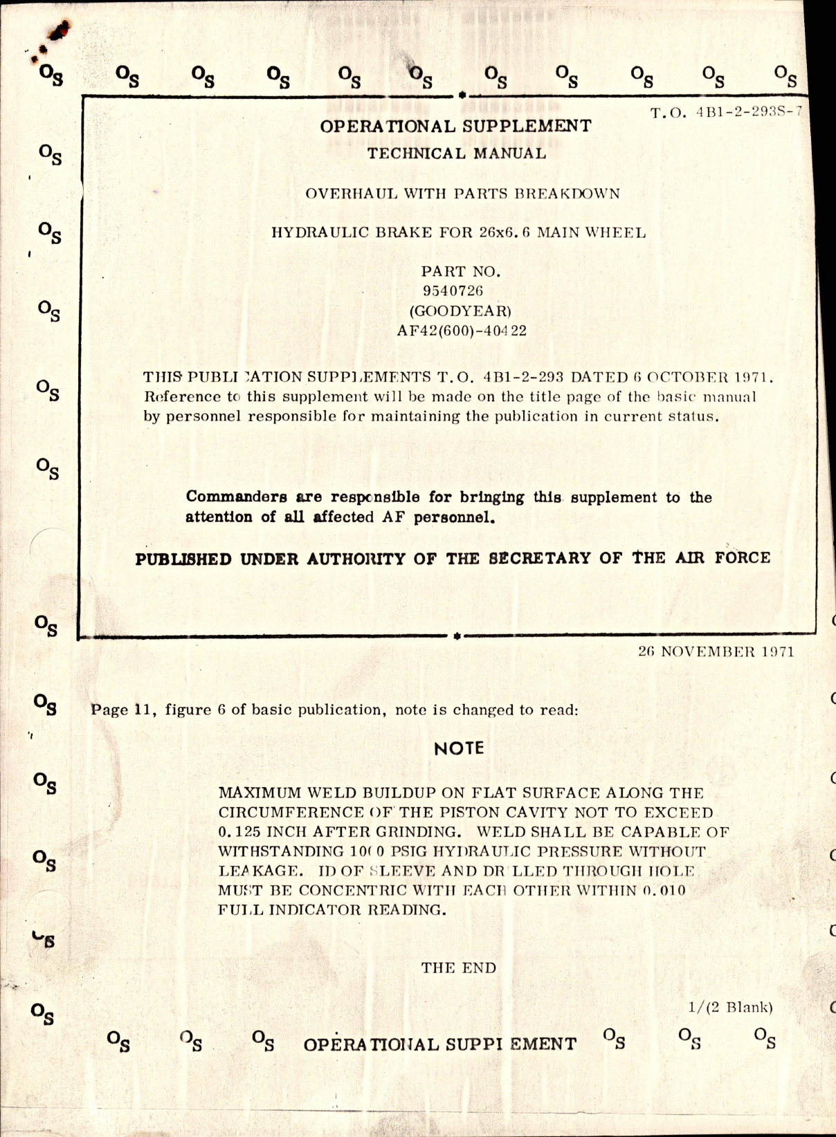 Sample page 1 from AirCorps Library document: Supplement to Overhaul with Parts for Hydraulic Brake for 26 x 6.6 Main Wheel - Part 9540726 