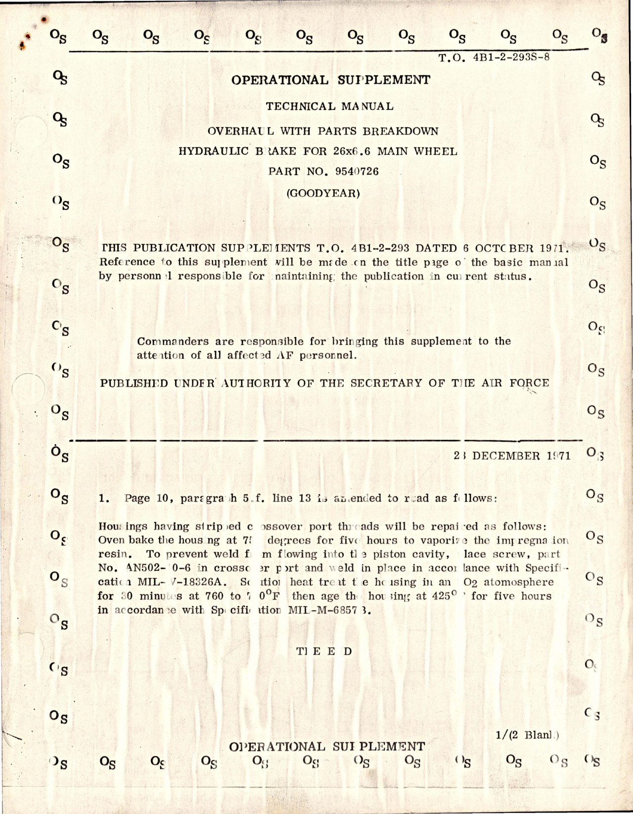 Sample page 1 from AirCorps Library document: Supplement to Overhaul with Parts for Hydraulic Brake for 26 x 6.6 Main Wheel - Part 9540726 