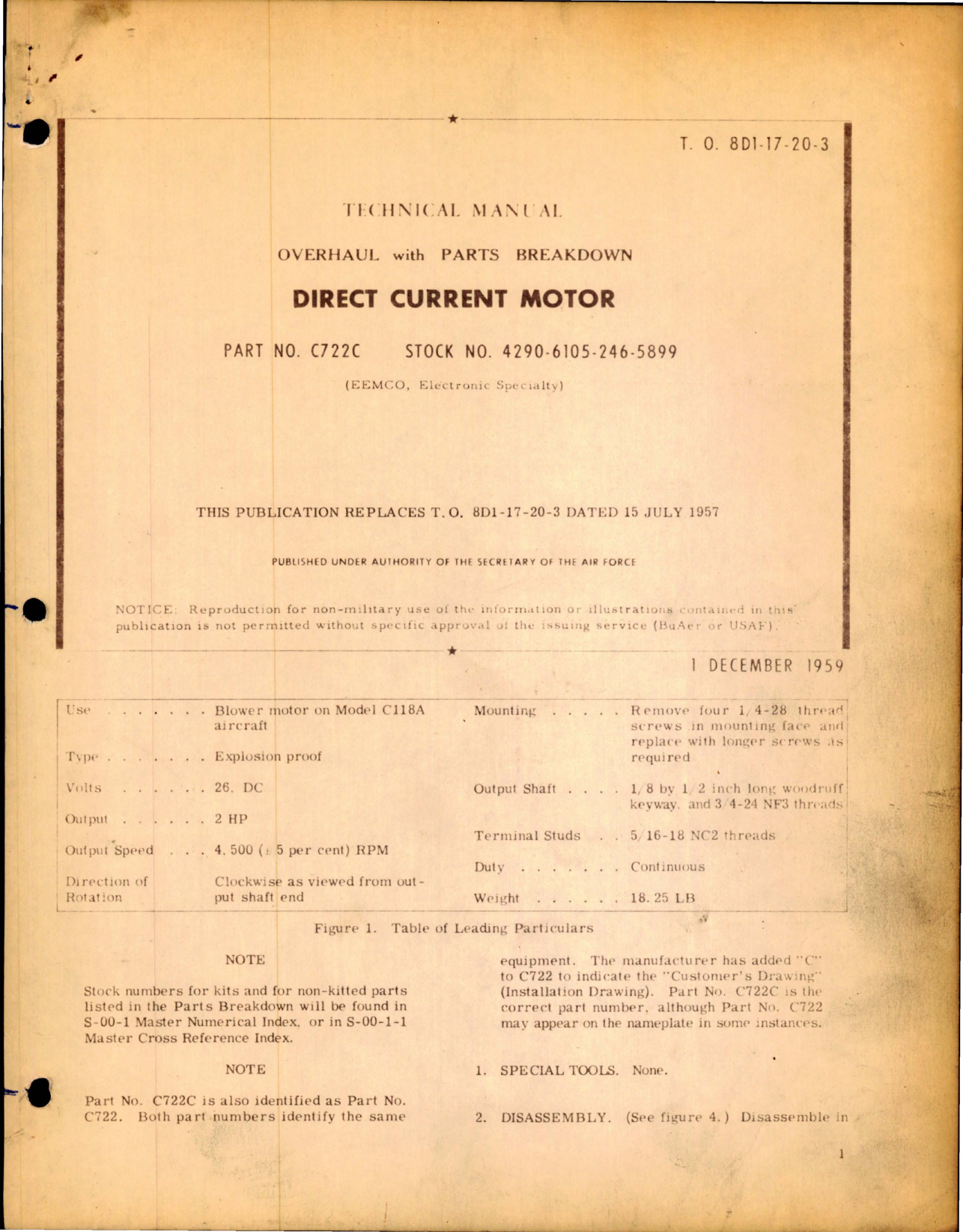 Sample page 1 from AirCorps Library document: Overhaul with Parts for Direct Current Motor - Part C722C - Stock 4290-6105-246-5899 