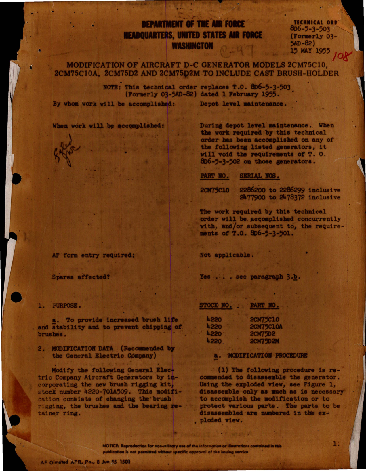 Sample page 1 from AirCorps Library document: Modification of Aircraft D-C Generator to Include Cast Brush-Holder