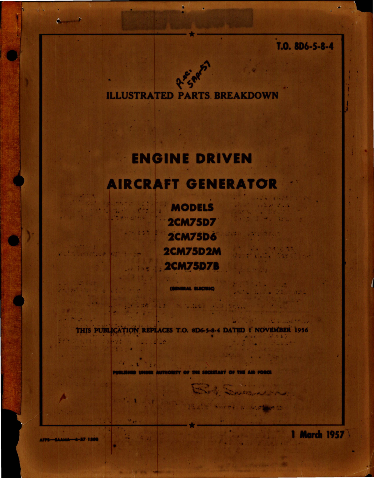 Sample page 1 from AirCorps Library document: Illustrated Parts Breakdown for Engine Driven Aircraft Generator - Models 2CM75D7, 2CM75D6, 2CM75D2M and 2CM75D7B