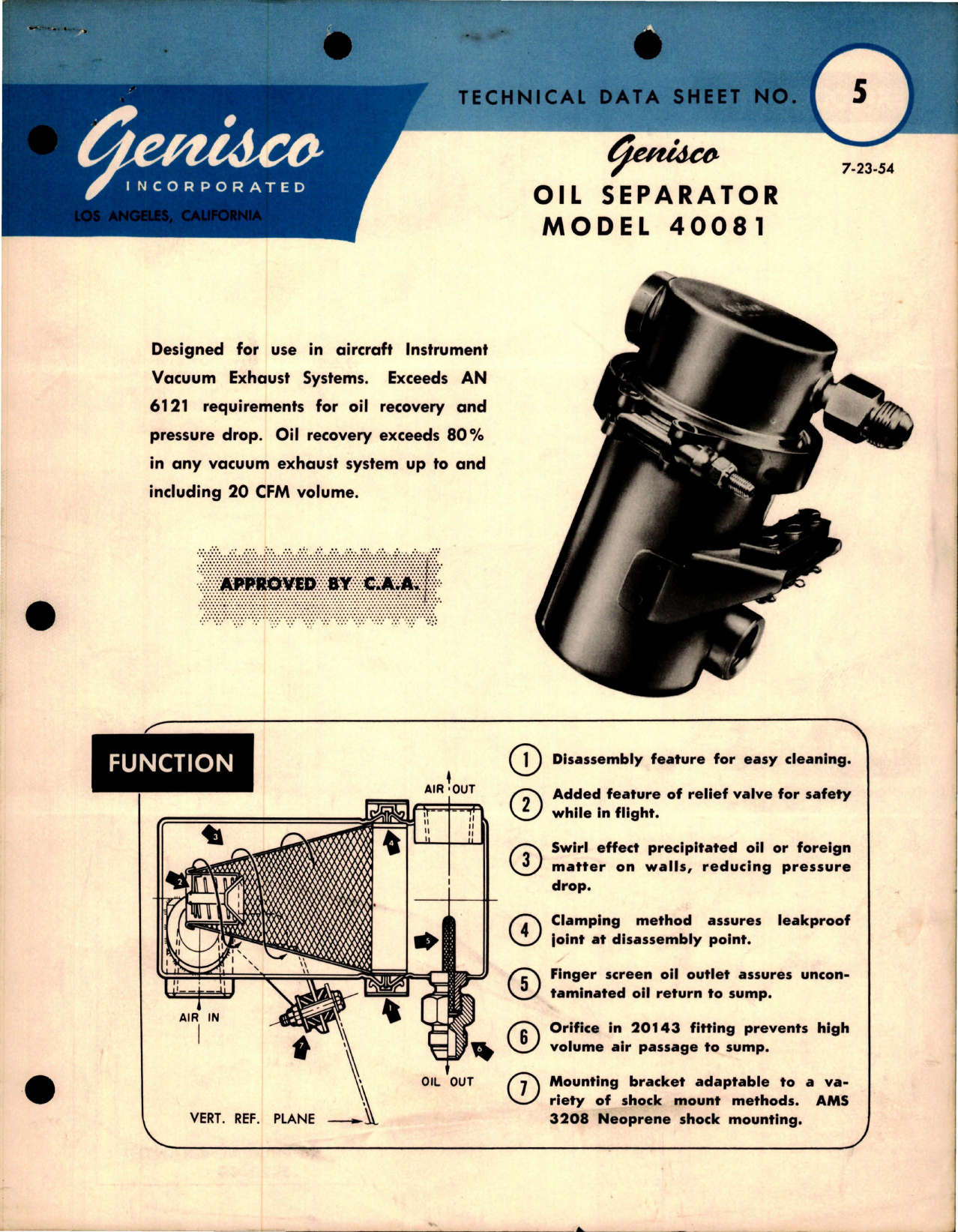 Sample page 1 from AirCorps Library document: Technical Data Sheet for Oil Separator - Model 40081 