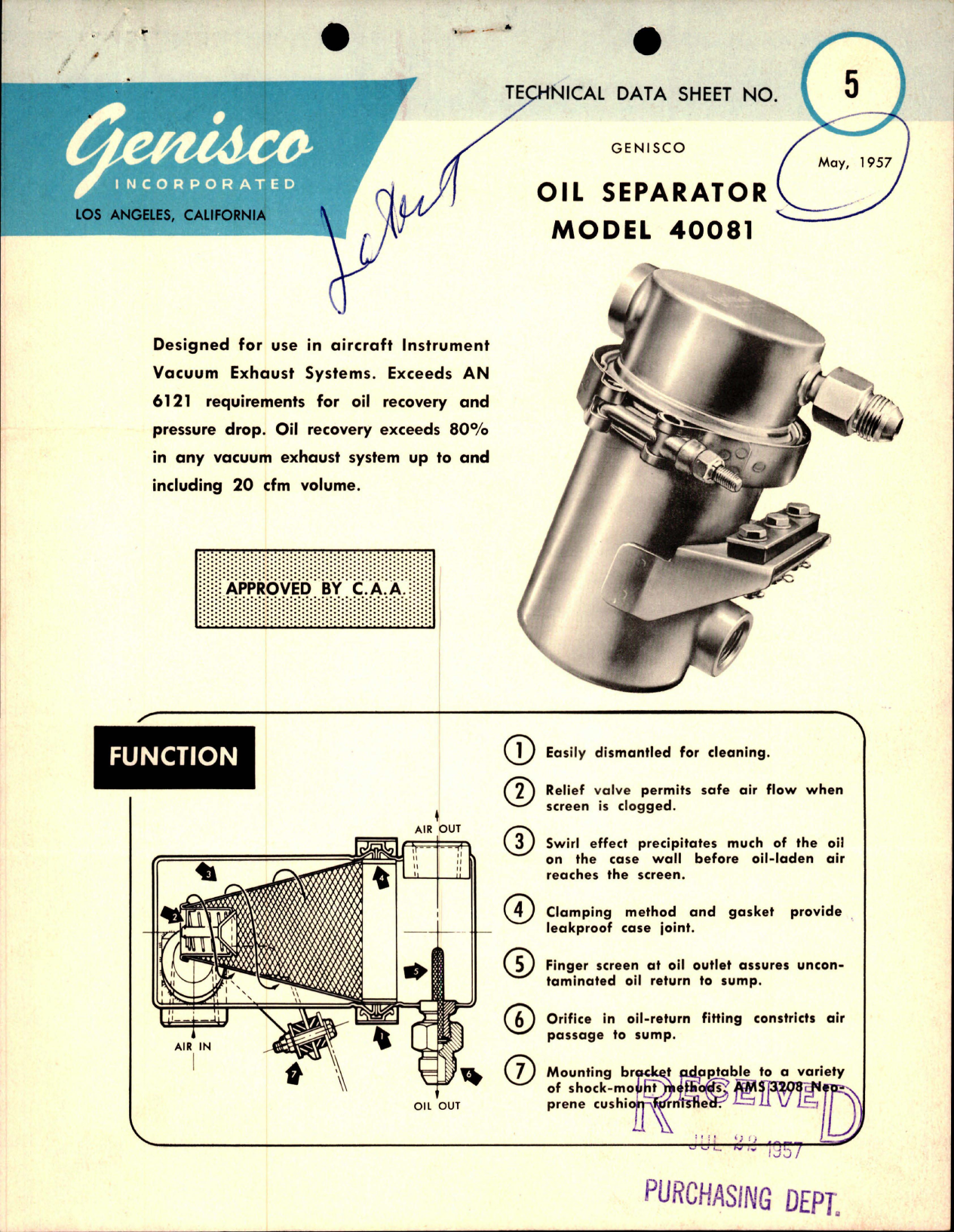 Sample page 1 from AirCorps Library document: Technical Data Sheet for Oil Separator - Model 40081