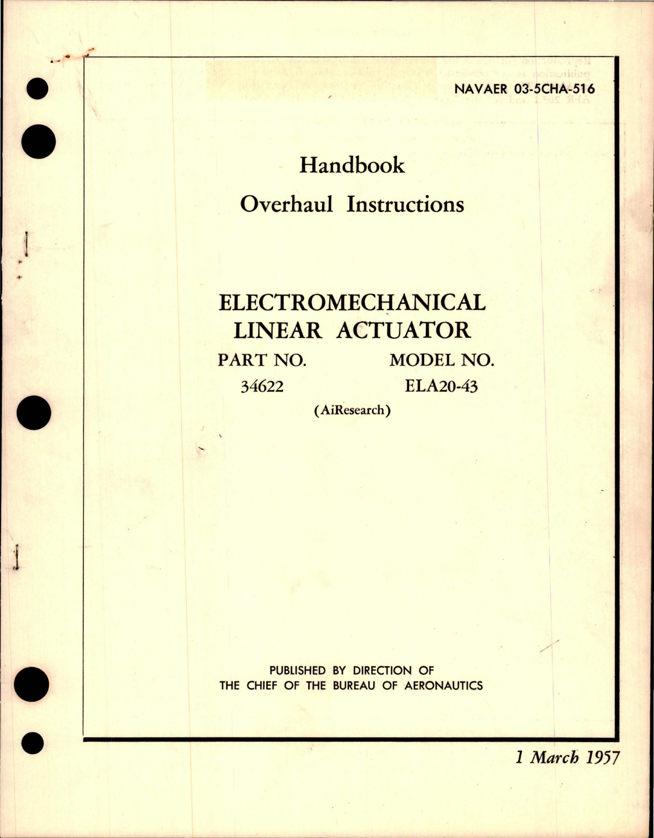 Sample page 1 from AirCorps Library document: Overhaul Instructions for Electromechanical Linear Actuator - Part 34622 - Model ELA20-43 