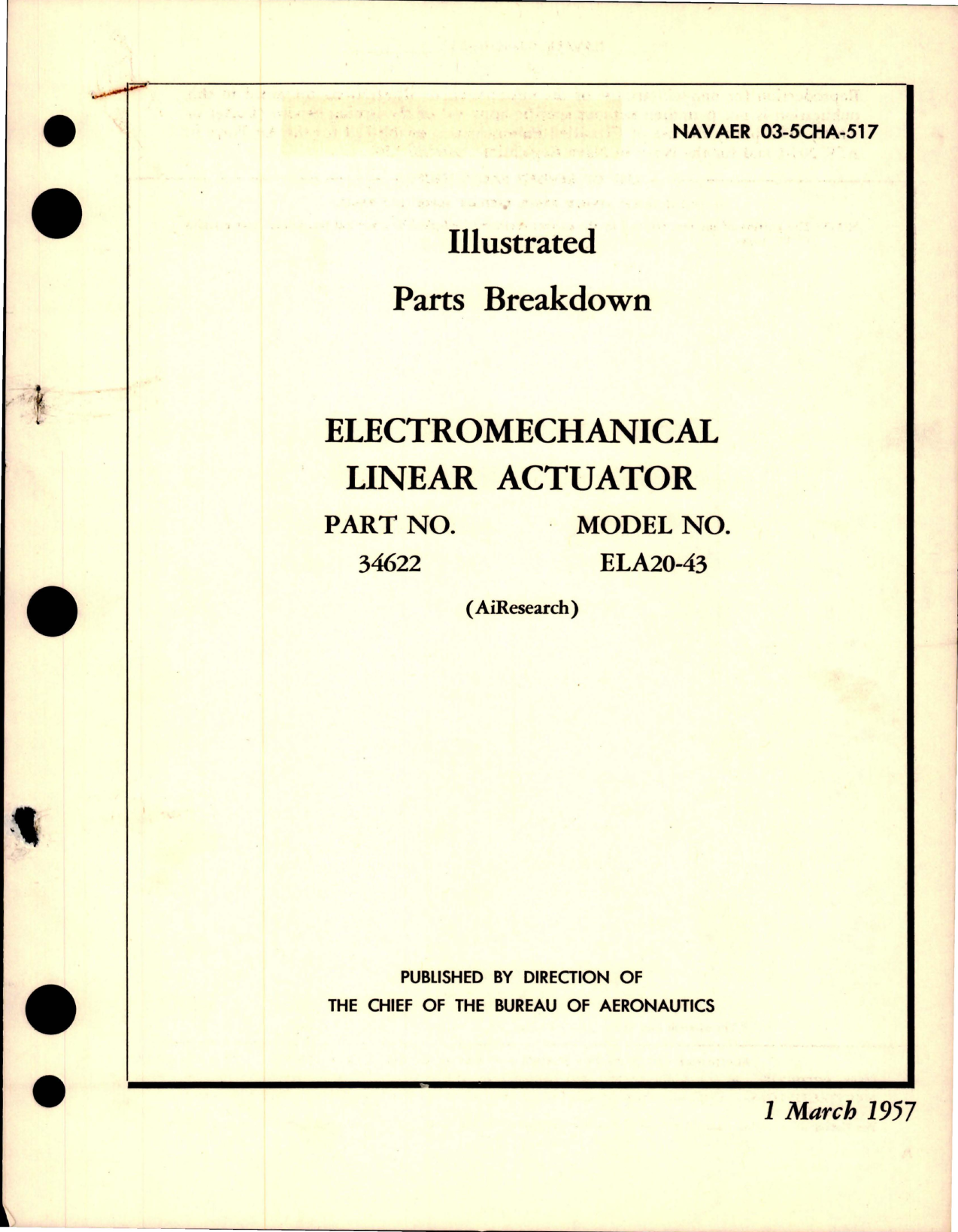 Sample page 1 from AirCorps Library document: Parts Breakdown for Electromechanical Linear Actuator for Part 34622 - Model ELA20-43 