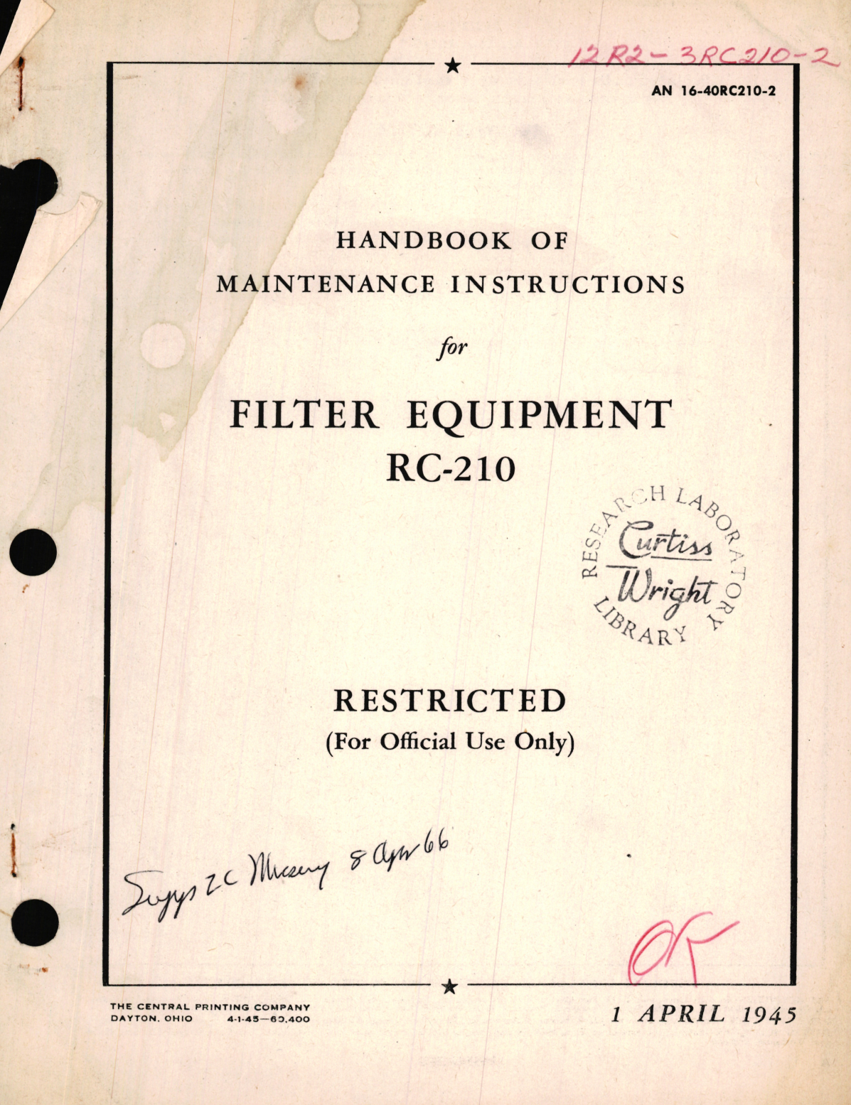 Sample page 1 from AirCorps Library document: Maintenance Instructions for Filter Equipment RC-210