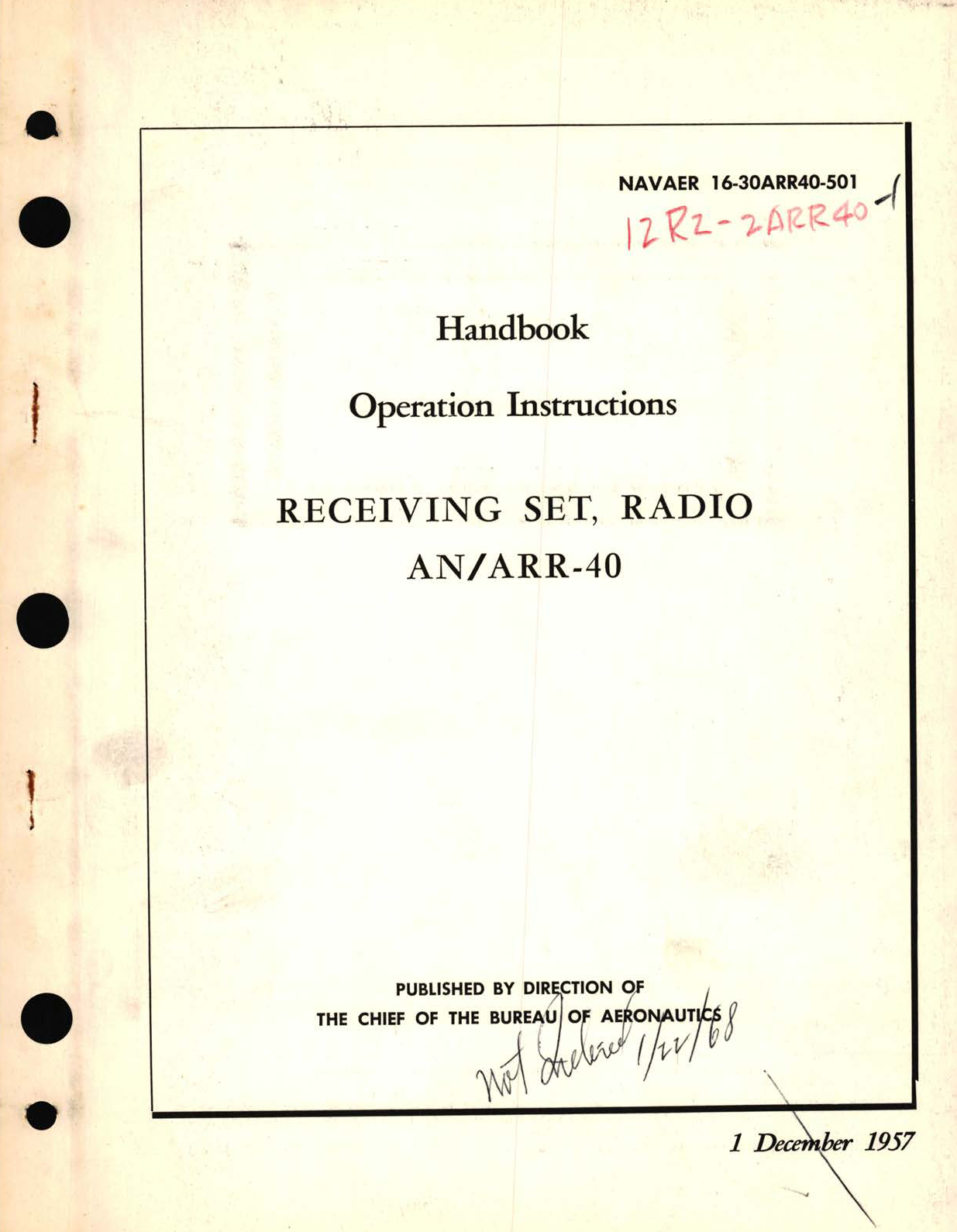 Sample page 1 from AirCorps Library document: Operation Instructions for Receiving Set, Radio AN, ARR-40