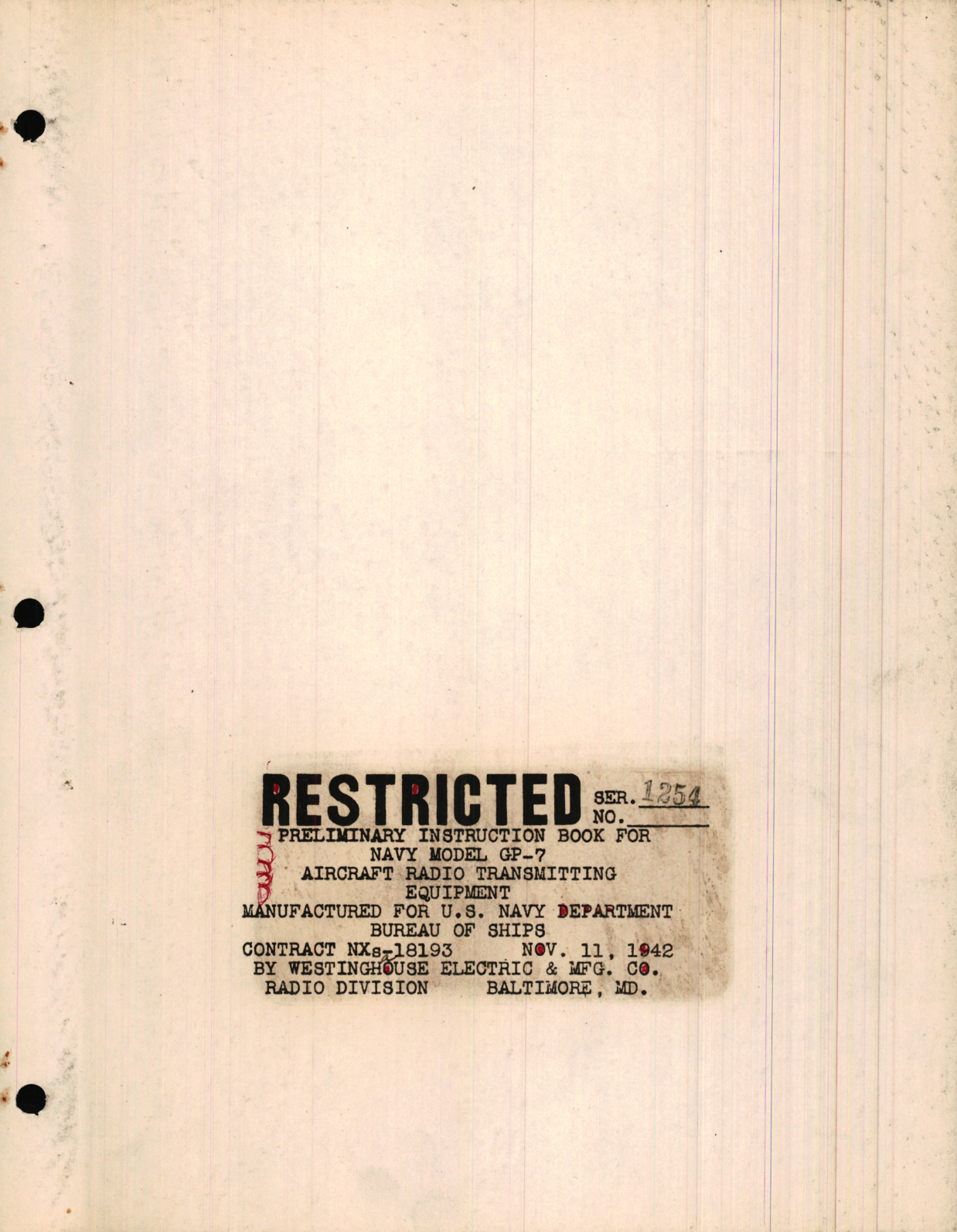 Sample page 1 from AirCorps Library document: Preliminary Instruction Book for Navy Model GP-7 Aircraft Radio Transmitting Equipment