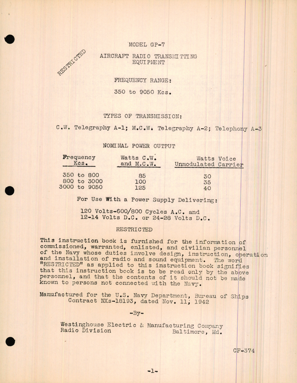 Sample page 5 from AirCorps Library document: Preliminary Instruction Book for Navy Model GP-7 Aircraft Radio Transmitting Equipment