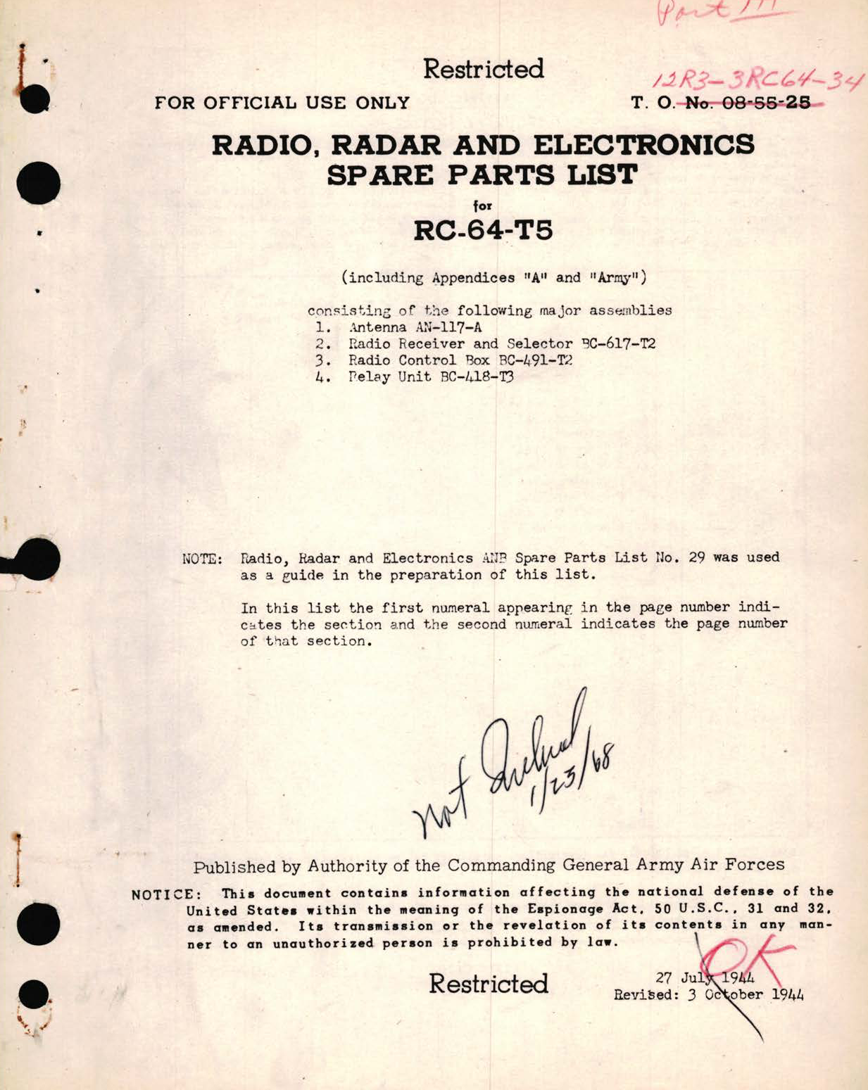 Sample page 1 from AirCorps Library document: Radio, Radar and Electronics Spare Parts List for RC-64-T5