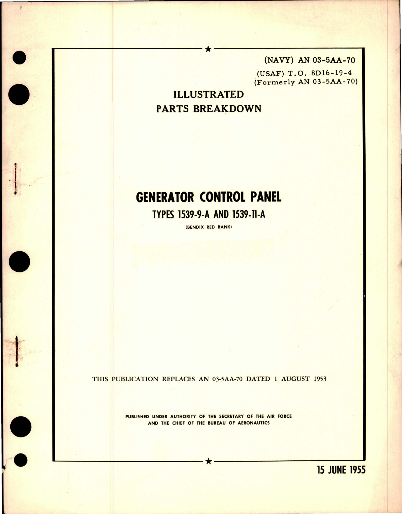 Sample page 1 from AirCorps Library document: Illustrated Parts Breakdown for Generator Control Panel - Type 1539-9-A and 1539-11-A 