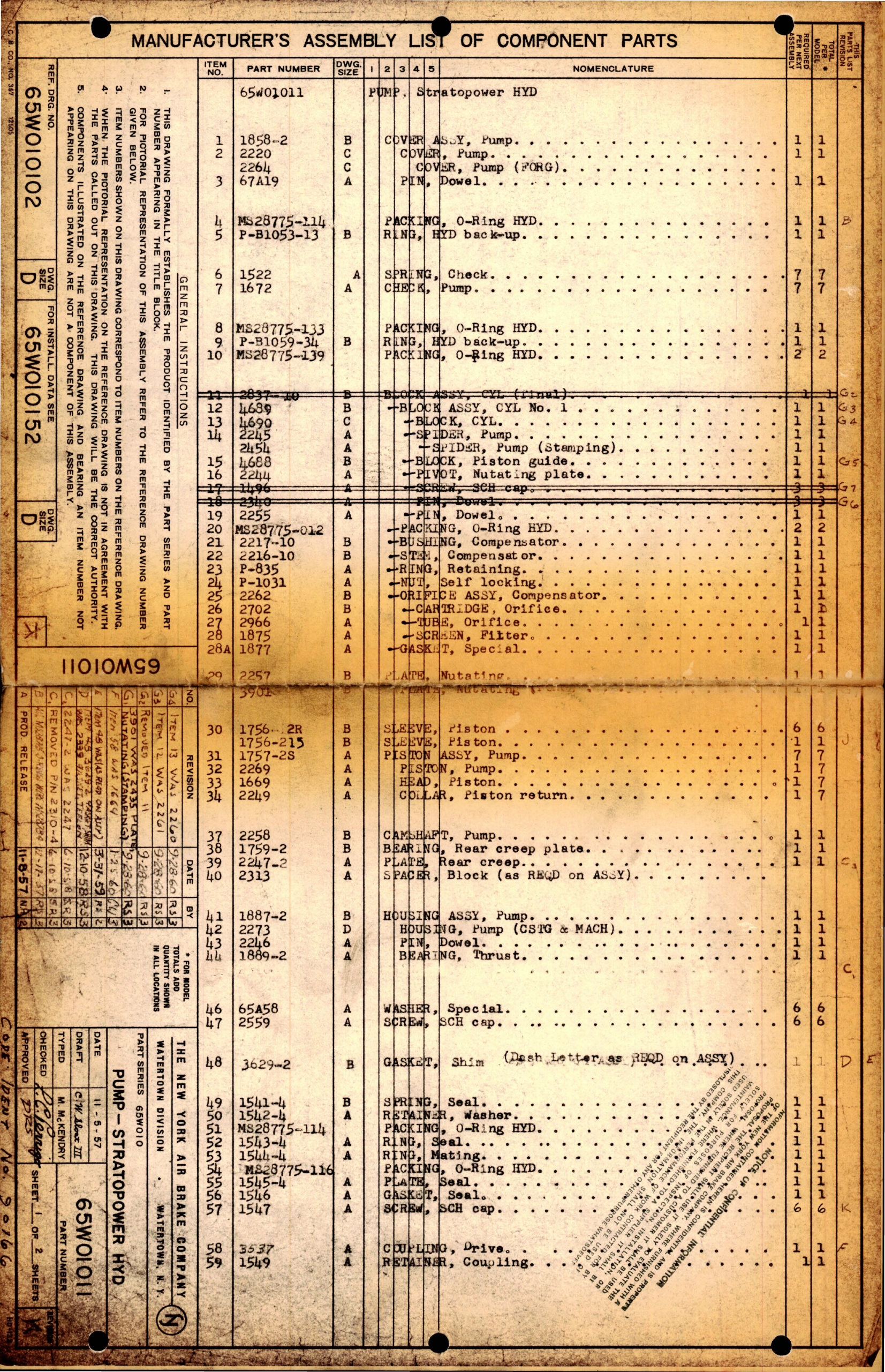 Sample page 1 from AirCorps Library document: Manufacturer's Assembly List of Component Parts for Stratopower Hydraulic Pump 65W01011 